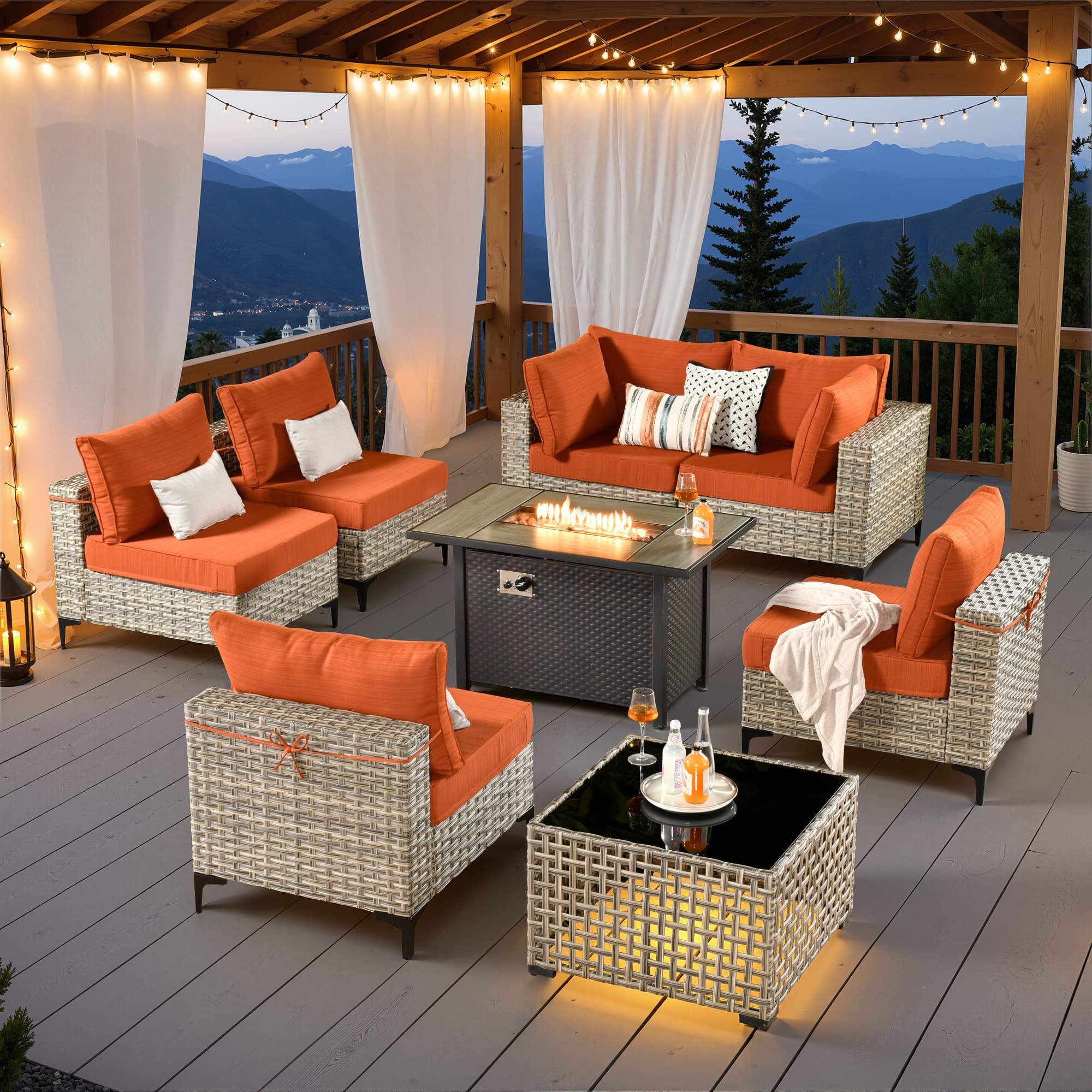 Ovios - 8 PCS Patio Furniture Sofa Set Sectional Couch with Coffee Table & 42" Fire Pit Table for Yard - Orange Red