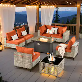 Ovios - 8 PCS Patio Furniture Sofa Set Sectional Couch with Coffee Table & 42" Fire Pit Table for Yard - Orange Red