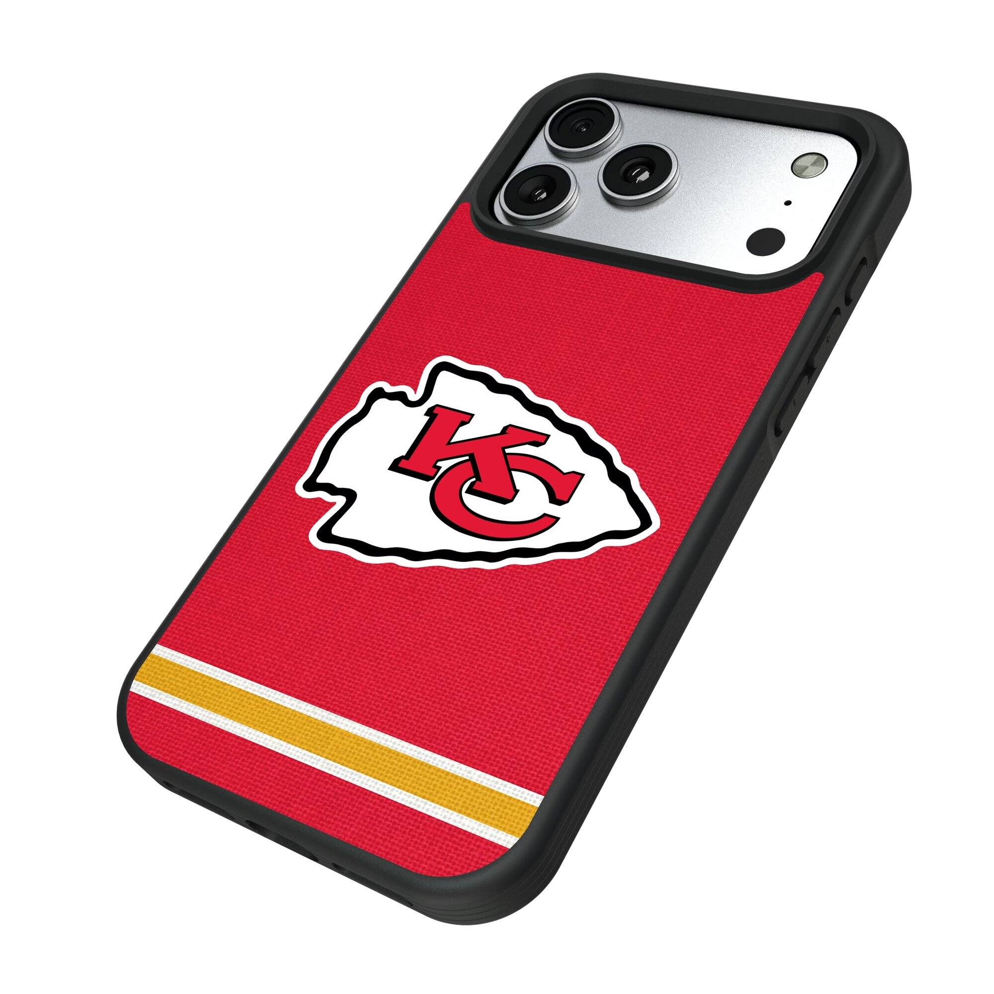 Alt View 1. Keyscaper - Kansas City Chiefs iPhone Stripe Design Bump Case - 14 Pro - Multicolor.