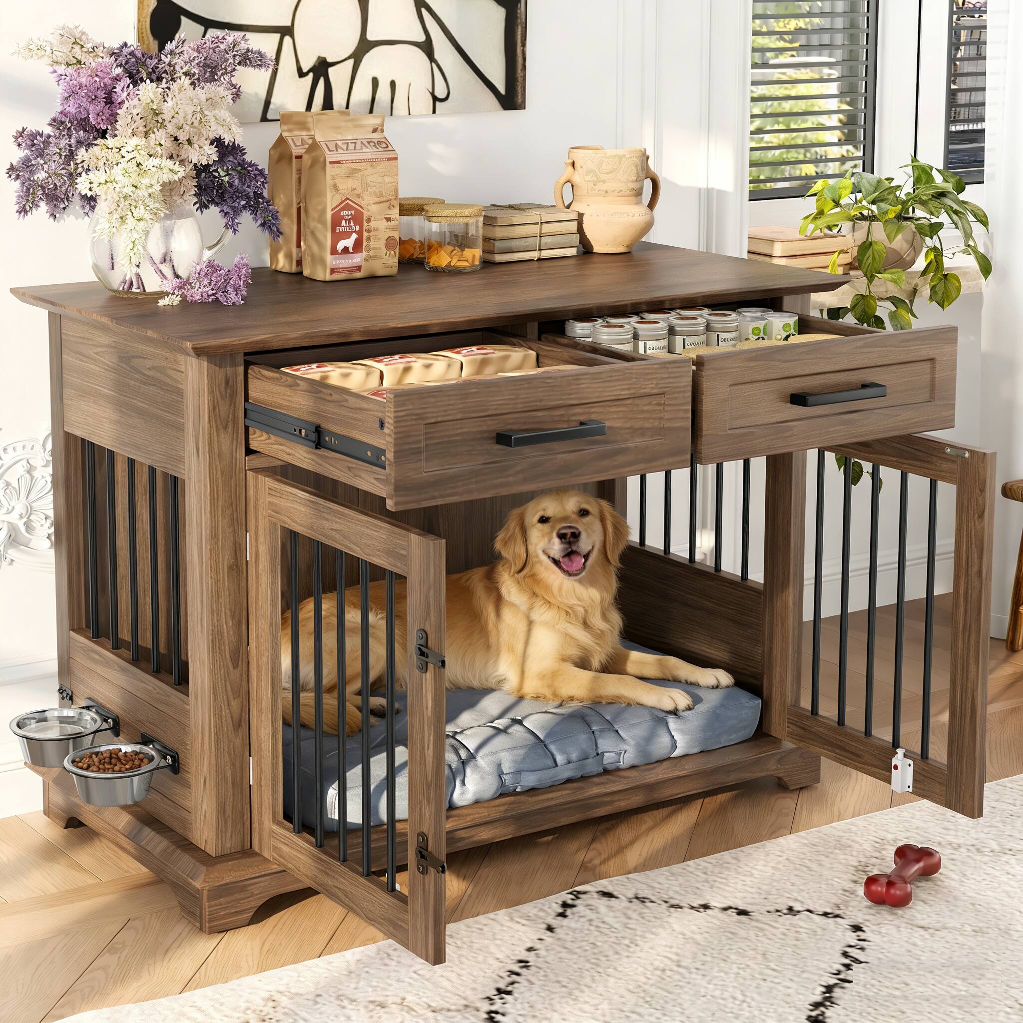 Angle. Runesay - 44.48in Brown Large Indoor Wooden Dog Crate Kennel Furniture House End Table with 2 Storage Drawers.
