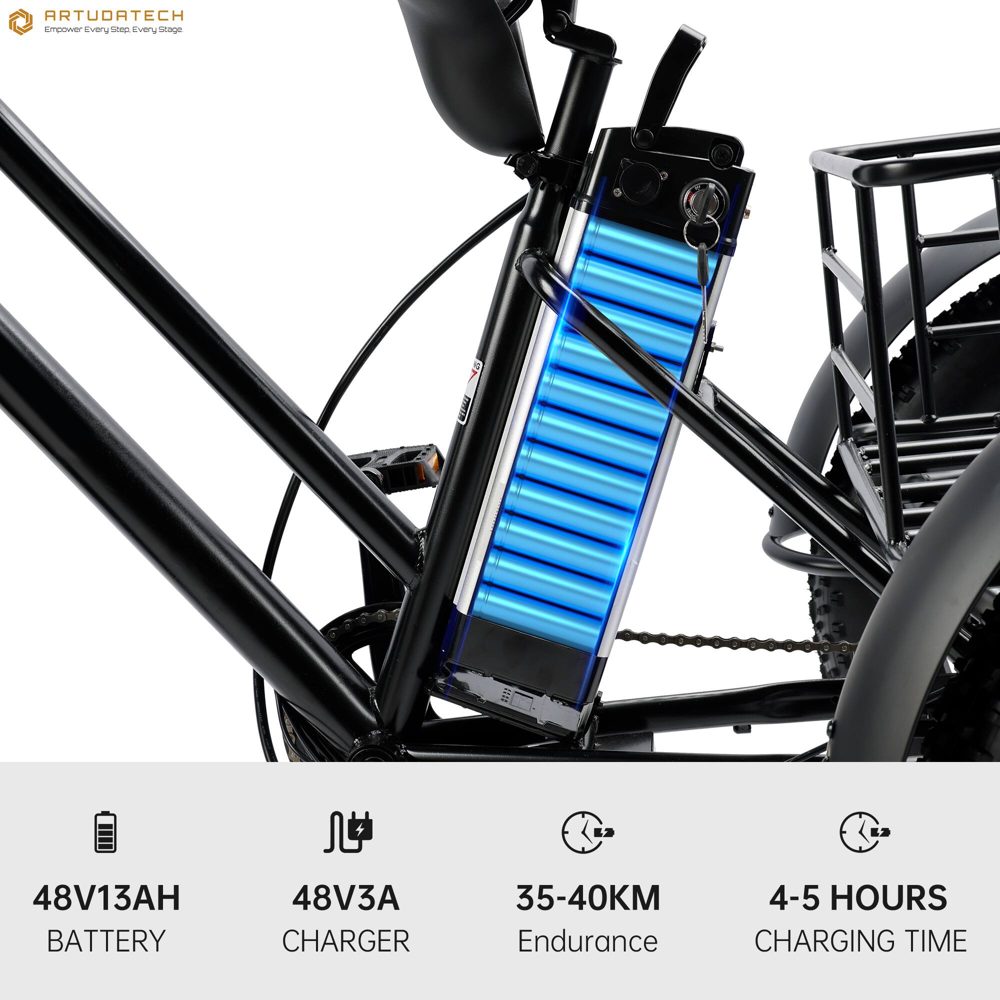 ARTUDATECH  
Empower Every Step, Every Stage  

48V13AH BATTERY  
48V3A CHARGER  
35-40KM Endurance  
4-5 HOURS CHARGING TIME