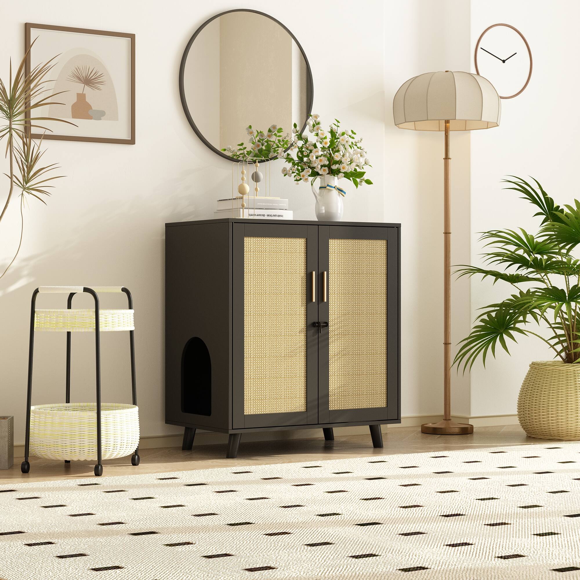 Left. FUFU & GAGA - Space-Saving Cat Furniture Cabinet – Multi-Level Cat House with Hidden Litter Box & Built-In Scratching Posts.