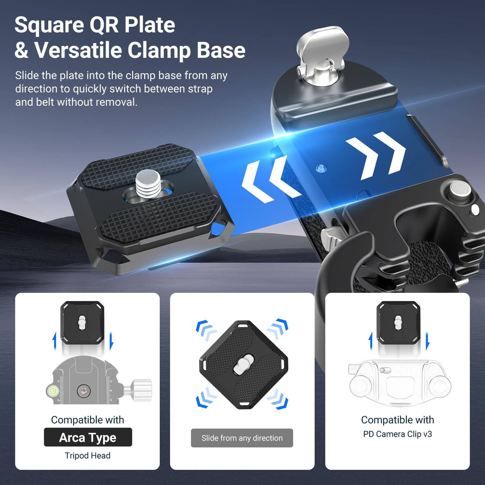 Square QR Plate & Versatile Clamp Base

Slide the plate into the clamp base from any direction to quickly switch between strap and belt without removal.

Compatible with Arca Type Tripod Head

Slide from any direction

Compatible with PD Camera Clip v3