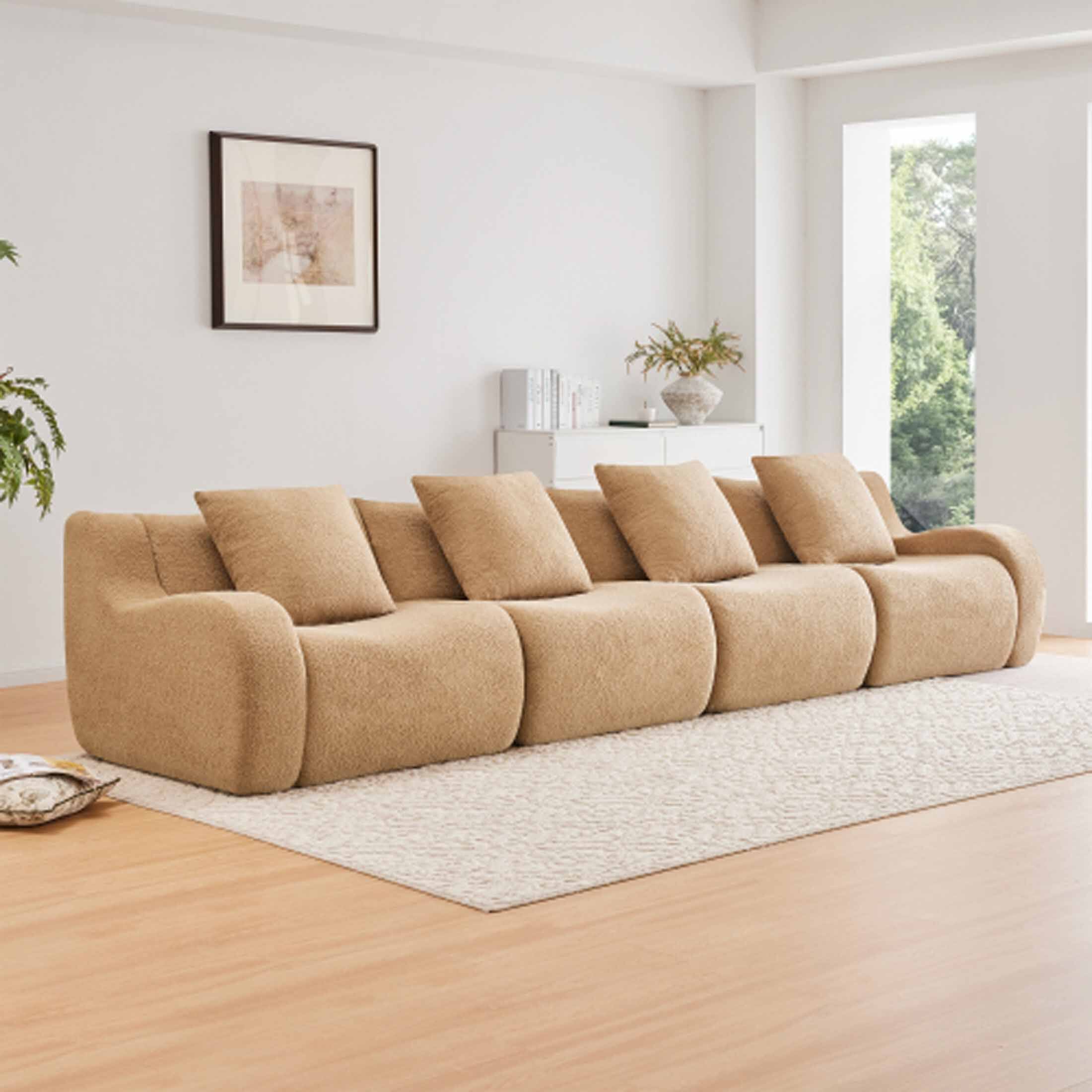 Front. Aukfa - Modular Teddy Fabric Sofa - 4-Seat Convertible Sectional, Soft Boneless Design for Living Room - Camel.