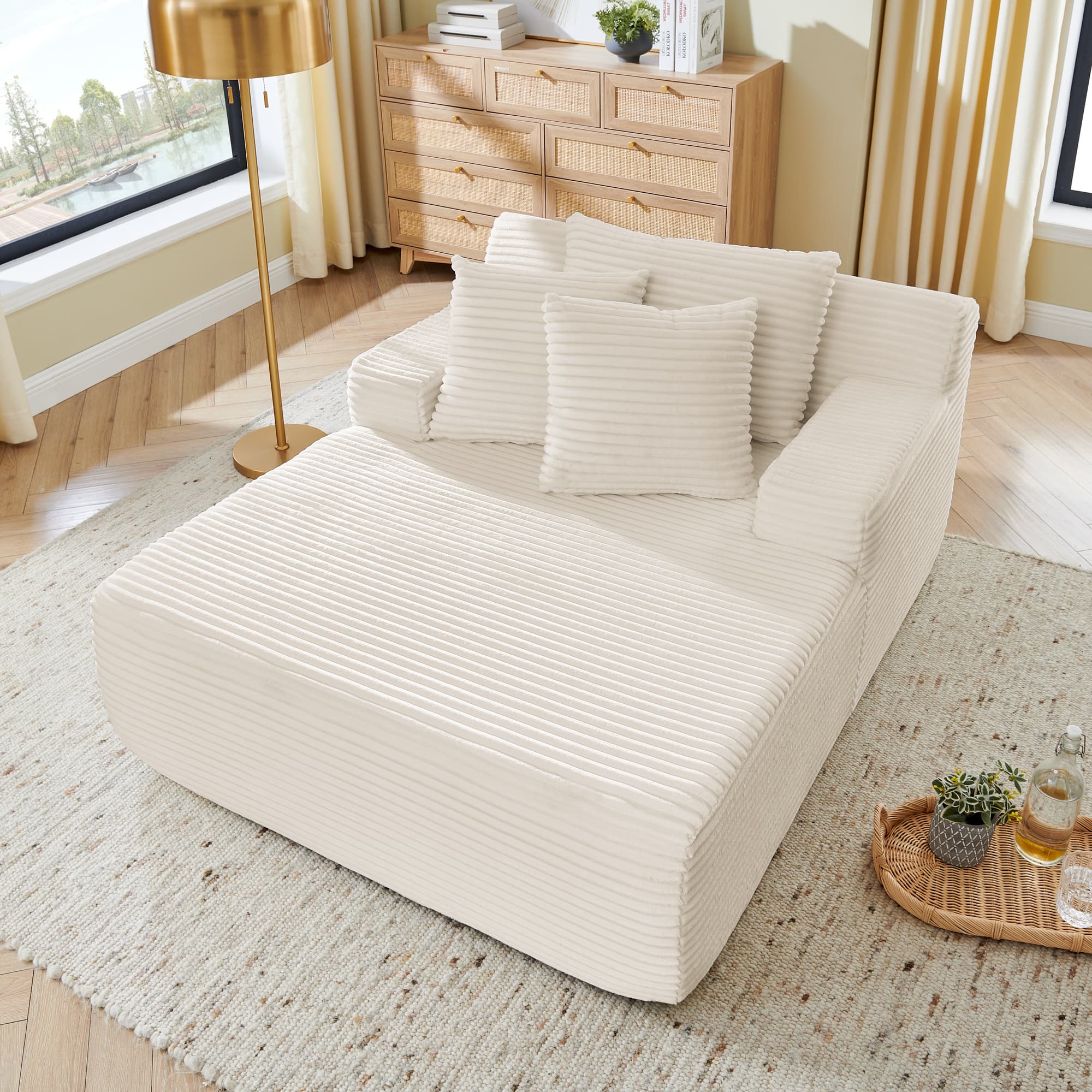 Trinkets Crazed - 50" Corduroy Chaise Lounge Chair Indoor, Oversized Sleeper Chair Single Lazy Sofa Lounge Chair, Modern Reading Chair - Beige