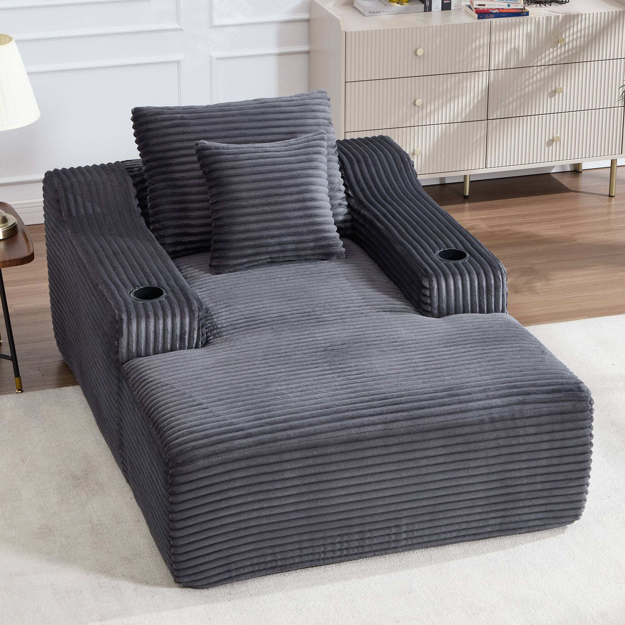 Front. COWLOWN - 67in Chaise Lounge Chair 9.9in Wide Armrest Indoor Corduroy Oversized Sleeper Sofa Deep Seat Two Soft Pillows Dark Grey - Dark Grey.