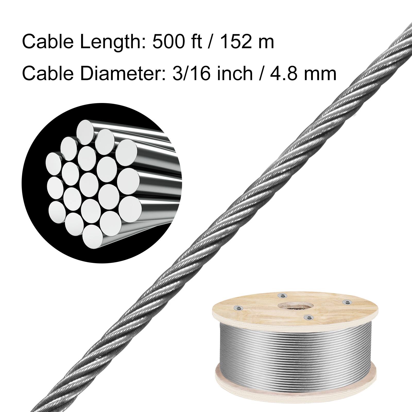Cable Length: 500 ft / 152 m  
Cable Diameter: 3/16 inch / 4.8 mm