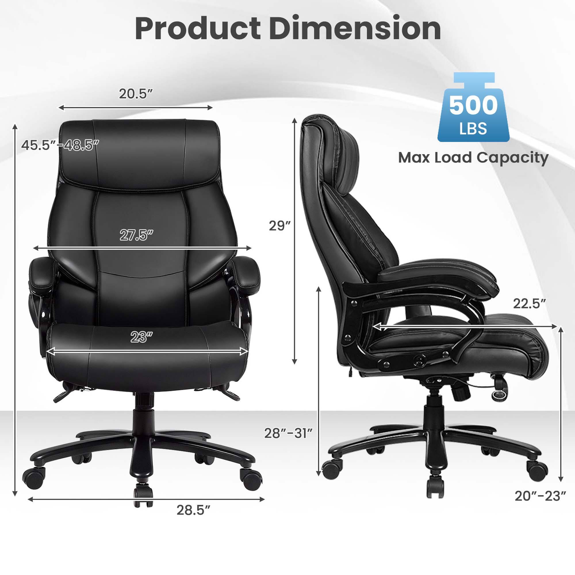 Product Dimensions: 20.5" x 45.5"-48.5"
Max Load Capacity: 500 LBS

Measurements:
- Backrest: 27.5"
- Seat: 29"
- Armrest: 22.5"
- Armrest width: 23"
- Seat height: 28"-31"
- Seat depth: 28.5"
- Seat width: 20"-23"