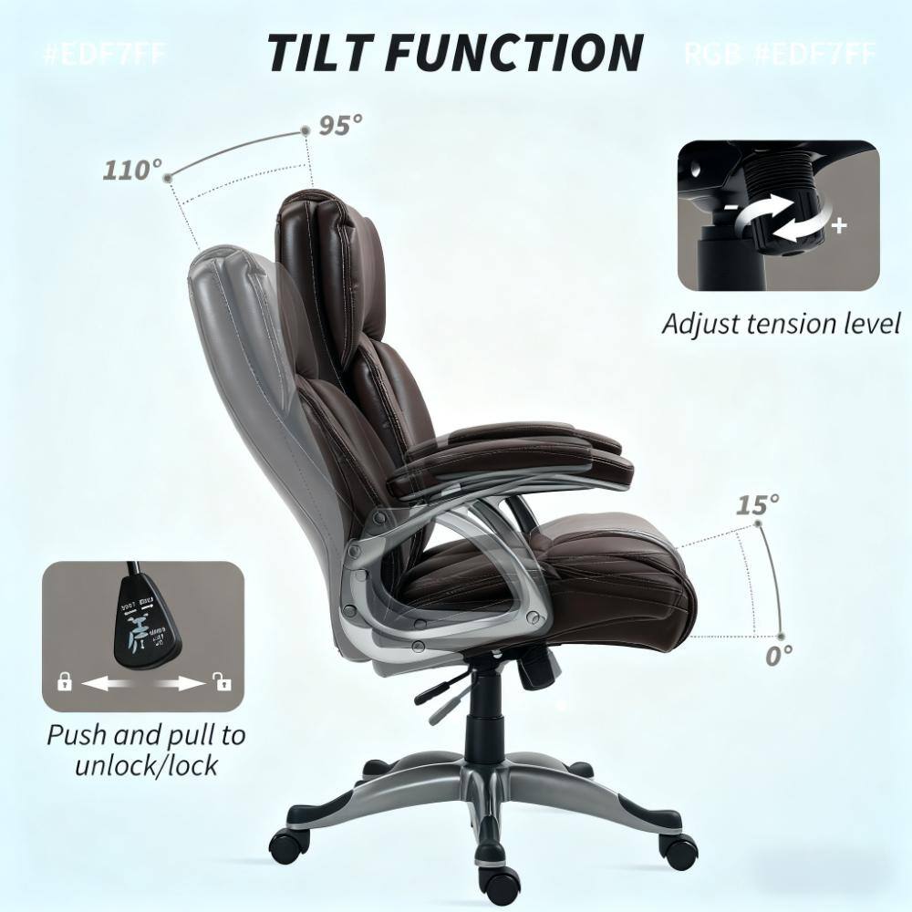 Back. TinyHomie - Brown Premium Leather Ergonomic High Back Executive Office Chair Swivel Wheels - Brown.