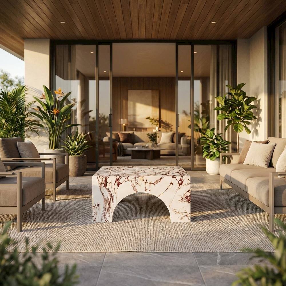 Angle. Outdoor Escape - Outdoor Patio Arched Coffee Table In Concrete Finish With Durable Construction - Red.