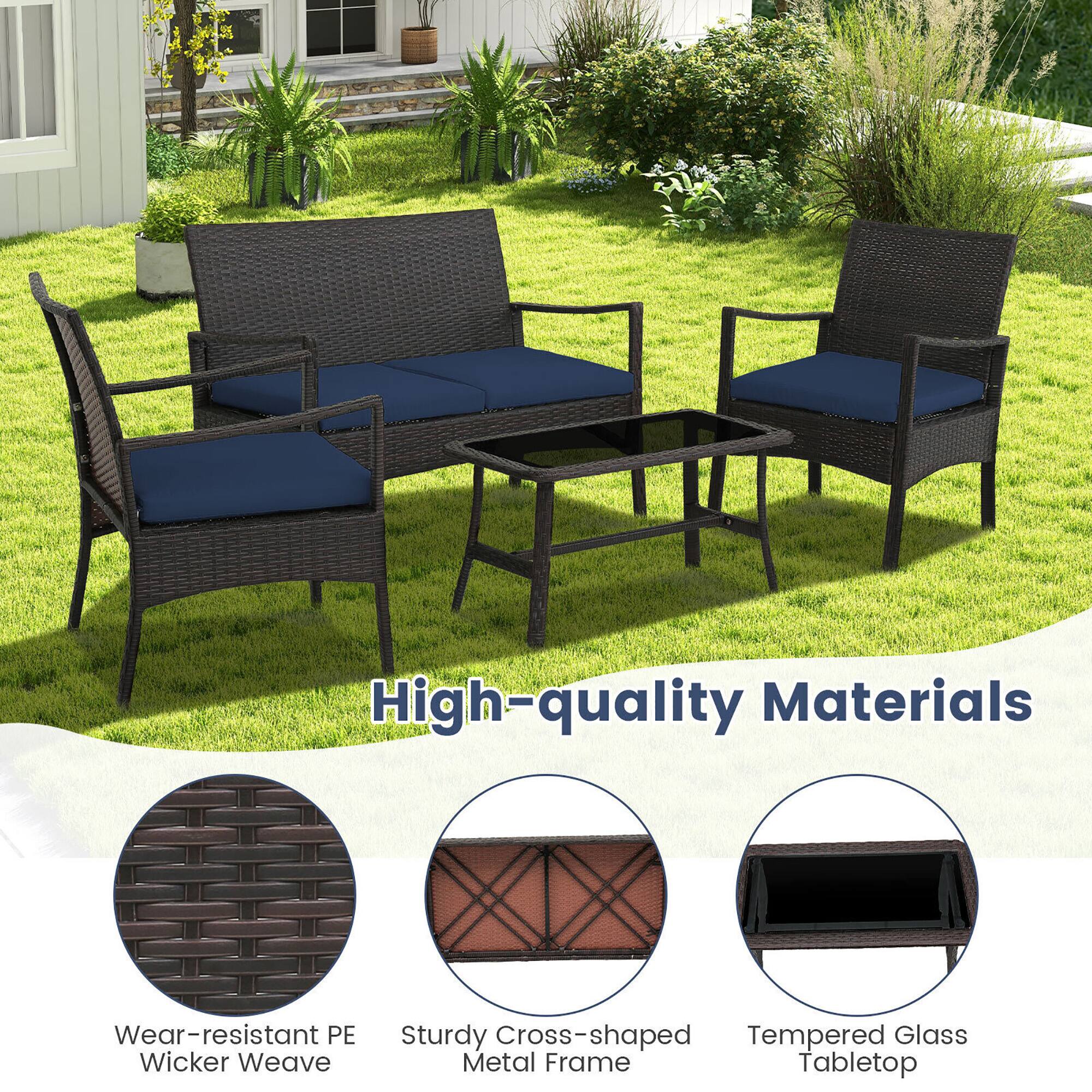 High-quality Materials
Wear-resistant PE Wicker Weave
Sturdy Cross-shaped Metal Frame
Tempered Glass Tabletop