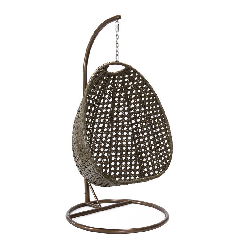 Alt View 7. LeisureMod - LeisureMod Beige Wicker Hanging Egg Chair with Iron Stand & Cushion - All-Weather Single Outdoor Patio Swing - Beige.
