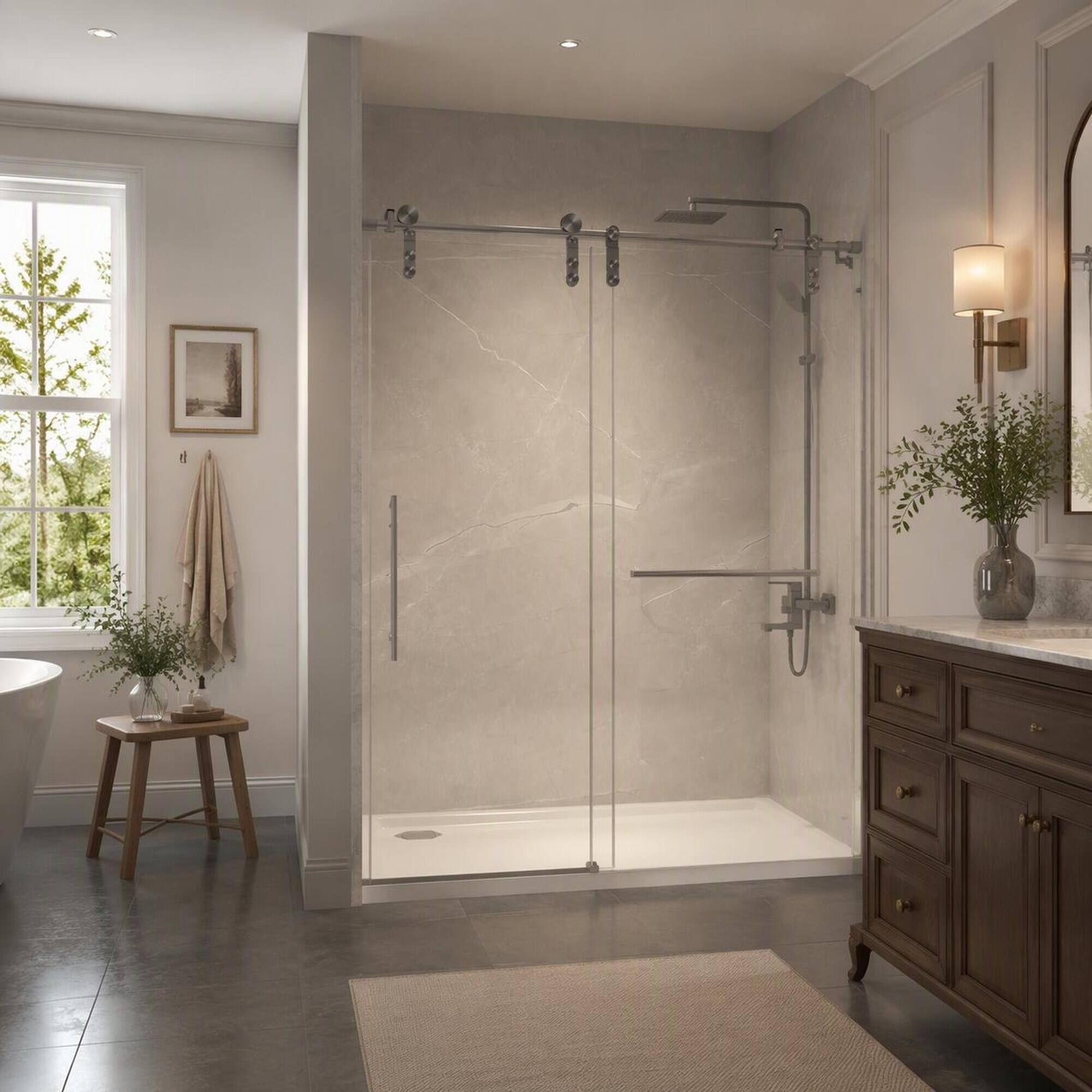 Left. RYHNUYNE - 50-54 In X 76 In H Frameless Sliding Shower Door, 5/16 In Clear Tempered Glass Brushed Nickel Finish - Brushed Nickel.