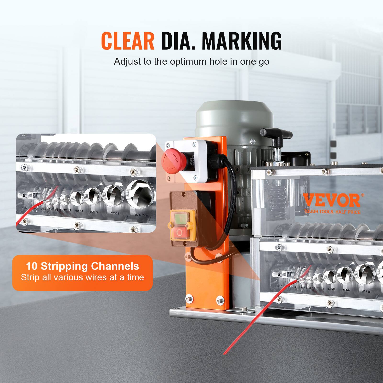 CLEAR DIA. MARKING  
Adjust to the optimum hole in one go

RI-SOS-D MIOCO: 10 015-19 #20-24 25-29 30-32

VEVOR® TOUGH TOOLS, HALF PRICE

10 Stripping Channels  
Strip all various wires at a time

8g  
115601-8 154g 01124 015-19  
20-24  
25-25-29