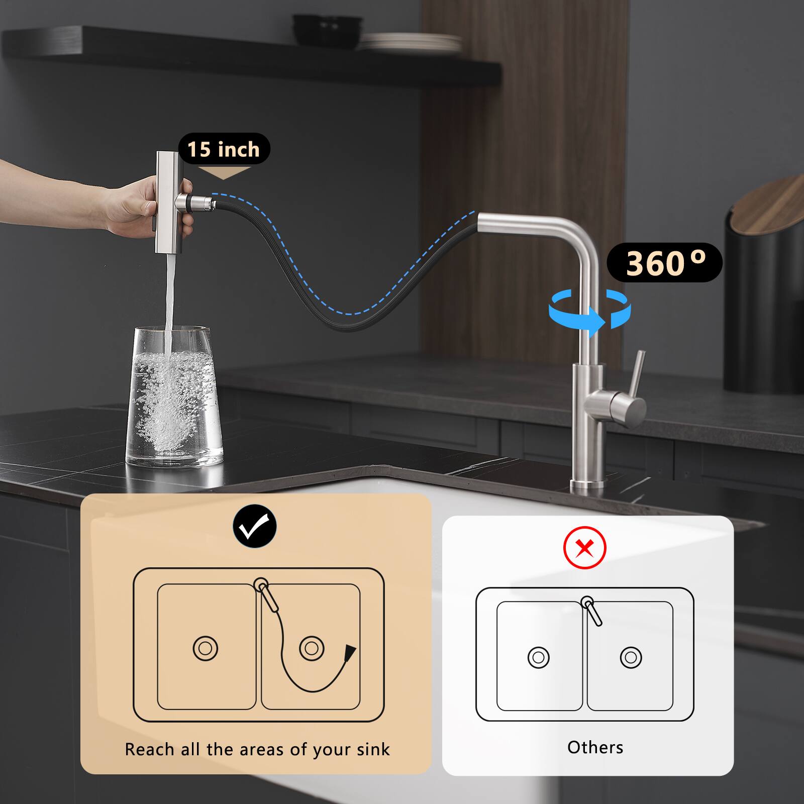 15 inch  
360°  

Reach all the areas of your sink  

Others