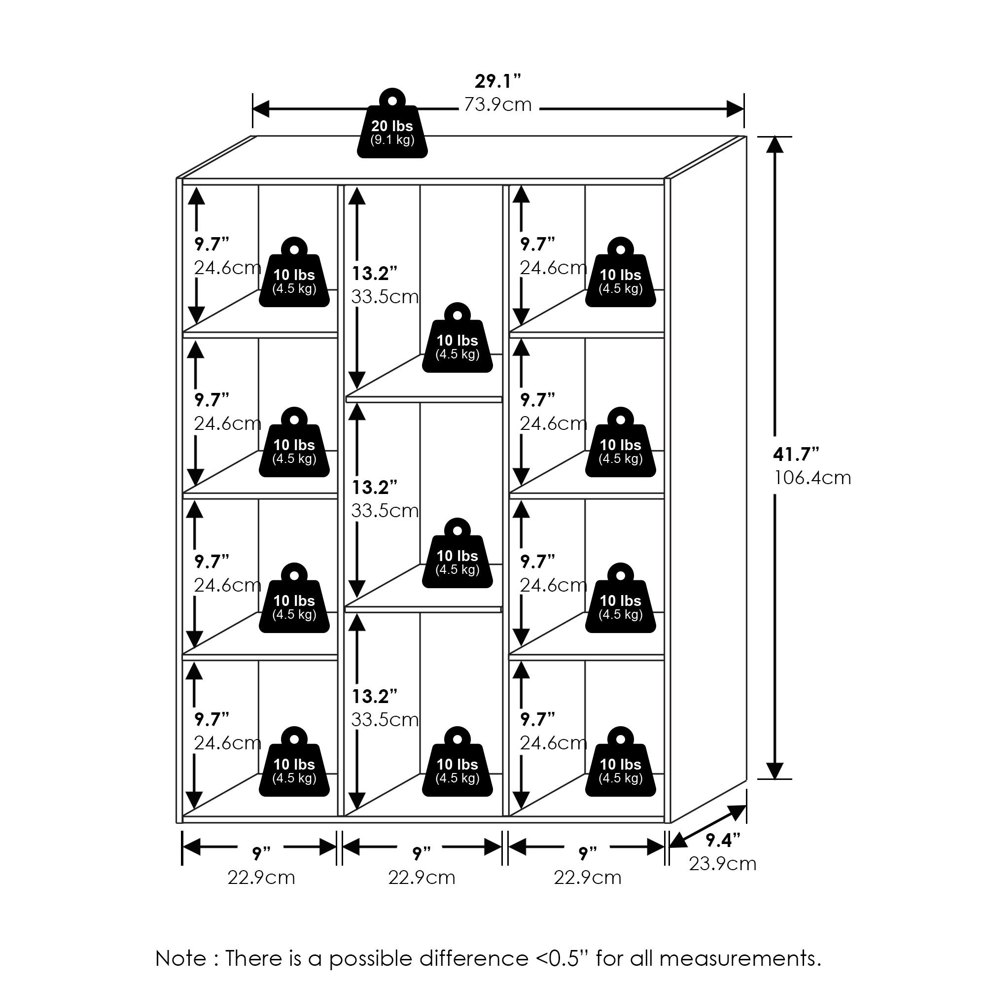 20 lbs (9.1 kg)  
29.1" (73.9 cm)  
9.7" (24.6 cm)  

10 lbs (4.5 kg)  
13.2" (33.5 cm)  
9.7" (24.6 cm)  

10 lbs (4.5 kg)  
9.7" (24.6 cm)  
13.2" (33.5 cm)  

10 lbs (4.5 kg)  
9.7" (24.6 cm)  
13.2" (33.5 cm)  

10 lbs (4.5 kg)  
41.7" (106.4 cm)  
9.7" (24.6 cm)  

10 lbs (4.5 kg)  
9.7" (24.6 cm)  
9" (22.9 cm)  

9" (22.9 cm)  
9" (22.9 cm)  
9.4" (23.9 cm)  

Note: There is a possible difference <0.5" for all measurements.