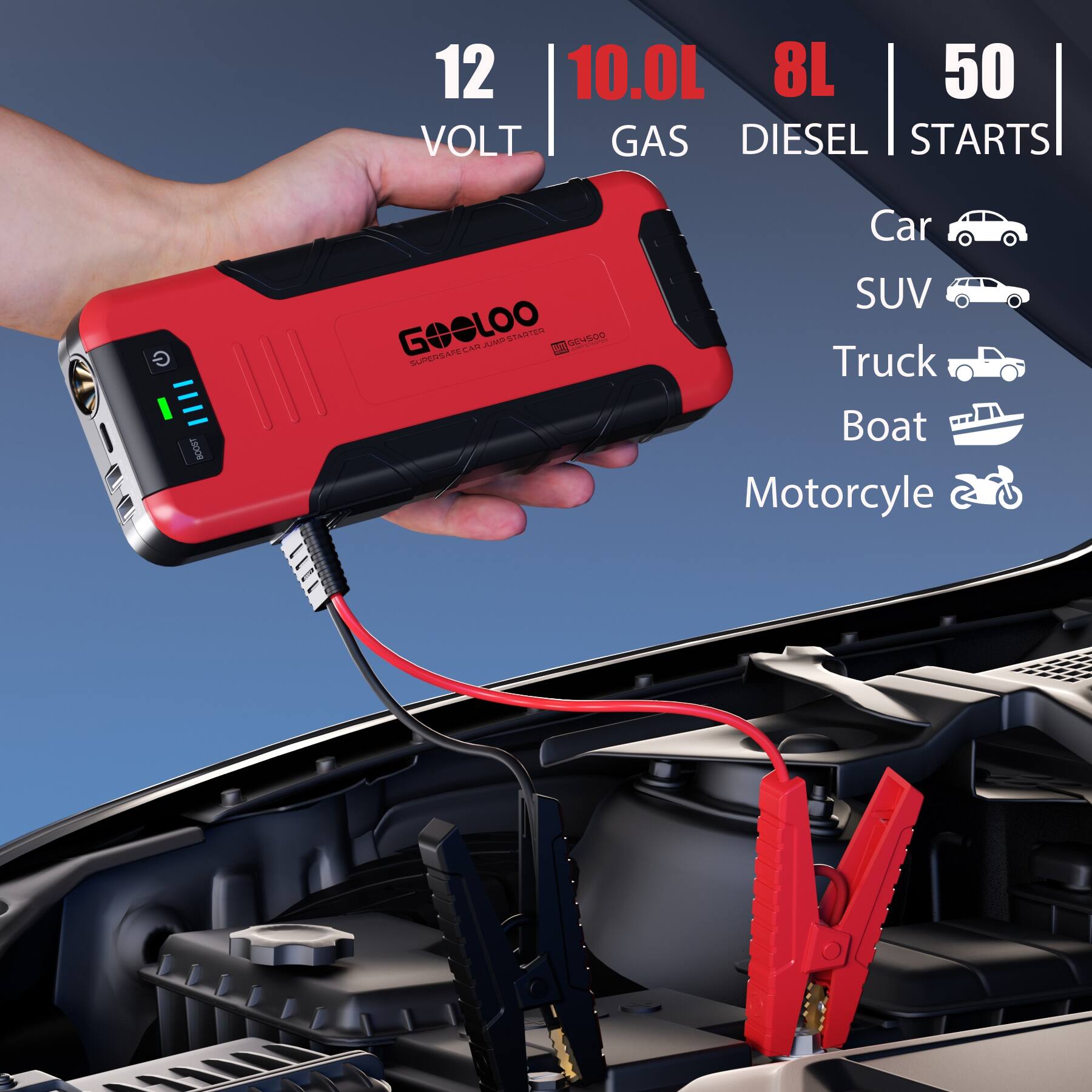12 VOLT 10.0L 8L 50 GAS DIESEL STARTS

GOLOO SUPERSAFE CAR JUMP STARTER 30 GE4500

Car SUV Truck Boat Motorcycle