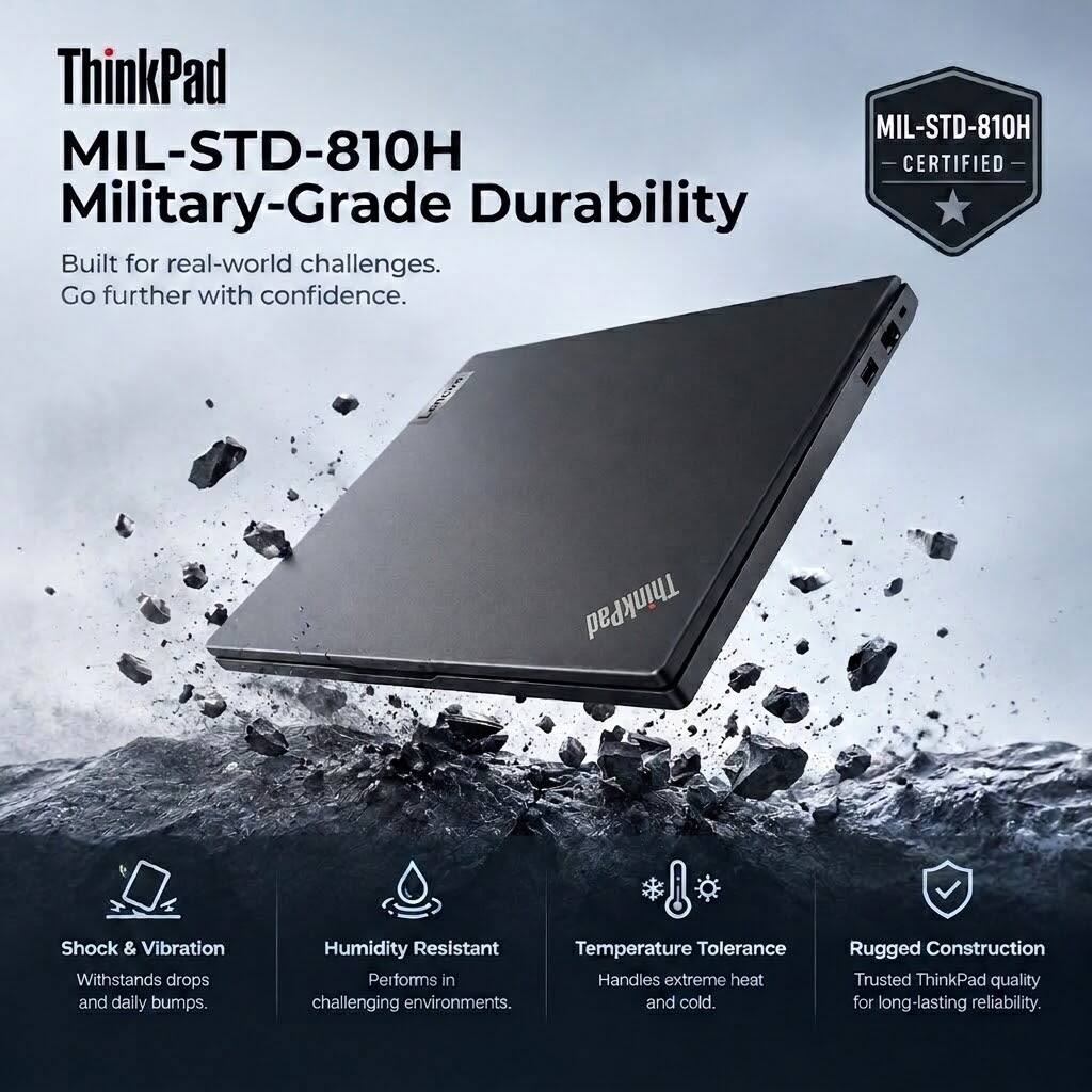 ThinkPad MIL-STD-810H Military-Grade Durability

Built for real-world challenges. Go further with confidence.

- Shock & Vibration
  - Withstands drops and daily bumps.

- Humidity Resistant
  - Performs in challenging environments.

- Temperature Tolerance
  - Handles extreme heat and cold.

- Rugged Construction
  - Trusted ThinkPad quality for long-lasting reliability.