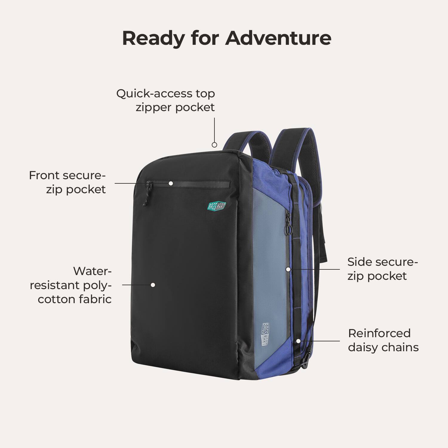 Ready for Adventure

Quick-access top zipper pocket

Front secure- zip pocket

Water- resistant poly- cotton fabric

Side secure- zip pocket

Reinforced daisy chains