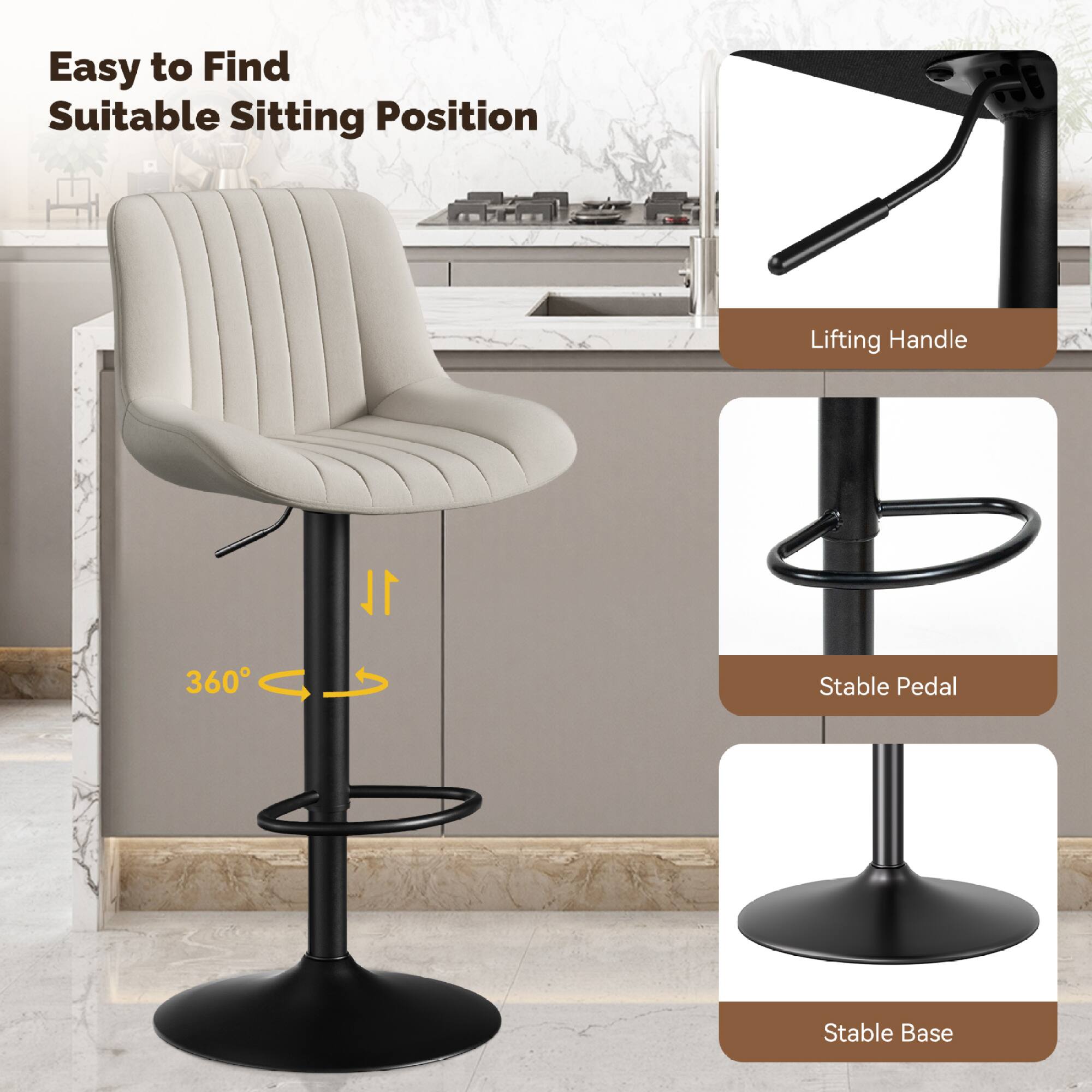 Easy to Find Suitable Sitting Position

- Lifting Handle
- 360° Rotation
- Stable Pedal
- Stable Base