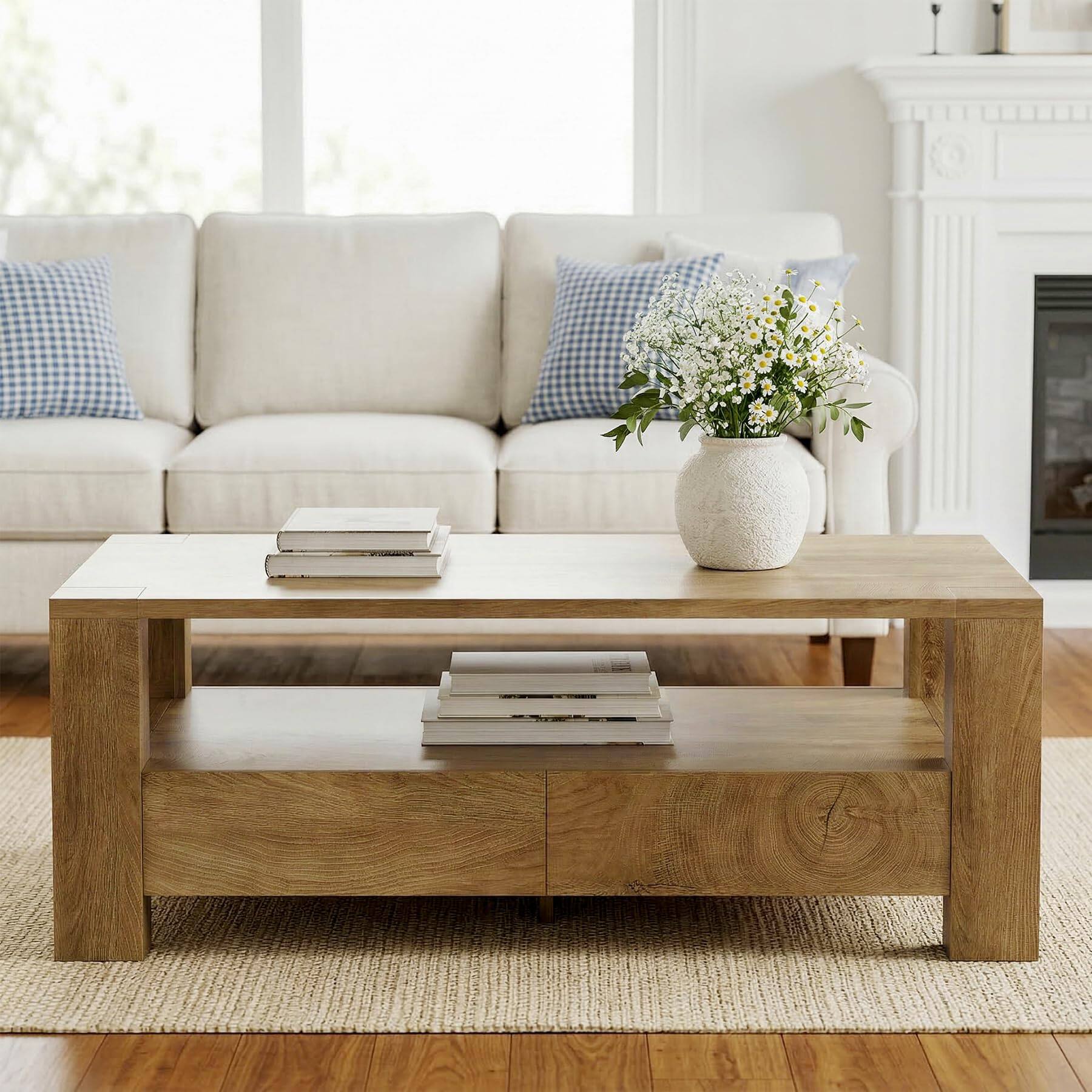 Alt View 1. Tribesigns - Farmhouse Coffee Table with Storage, 47" Large Rectangle Coffee Table with 2 Drawers & Open Shelf, Mid Century Modern Wo - Rustic Brown.