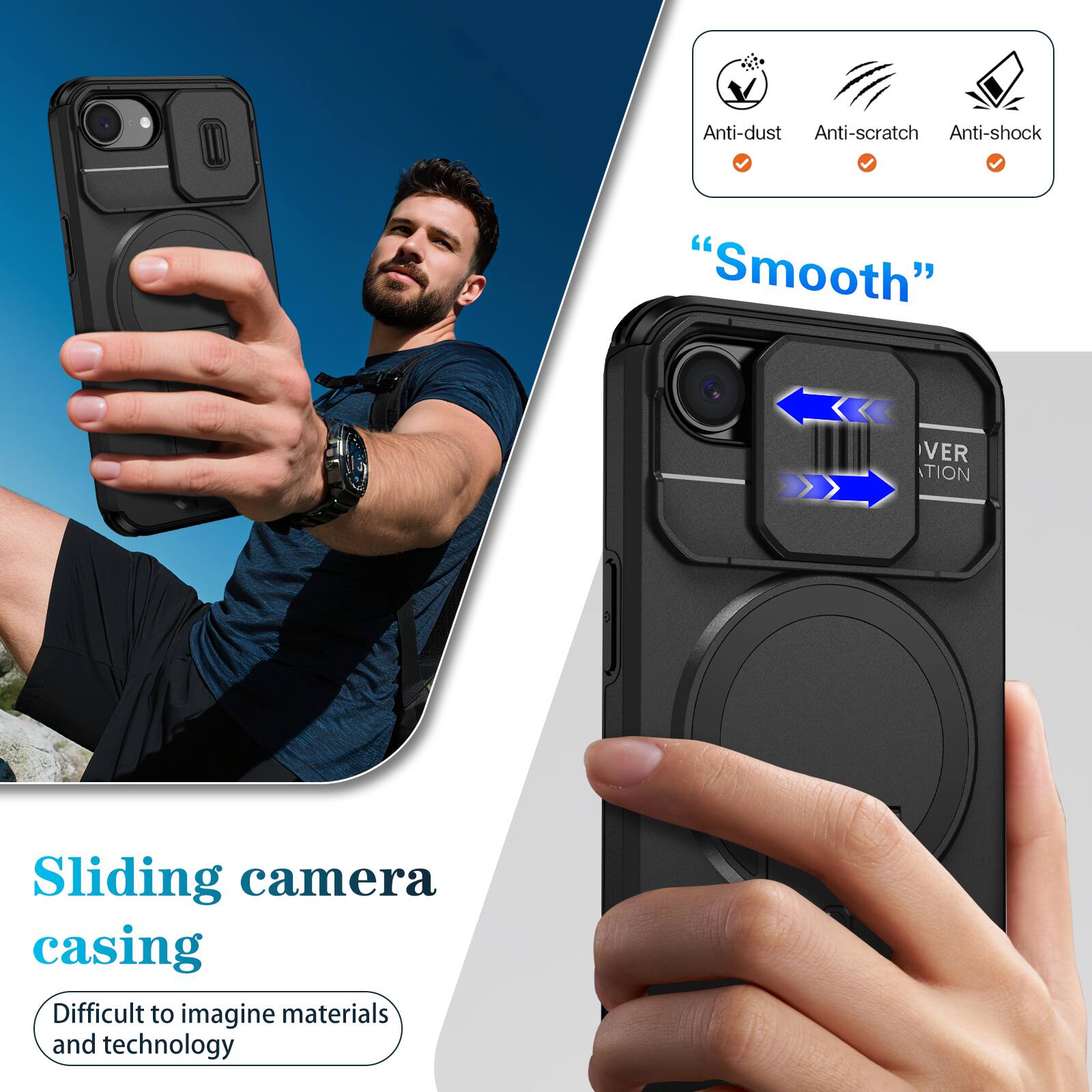 Anti-dust  
Anti-scratch  
Anti-shock  
"Smooth"  
Sliding camera casing  
Difficult to imagine materials and technology