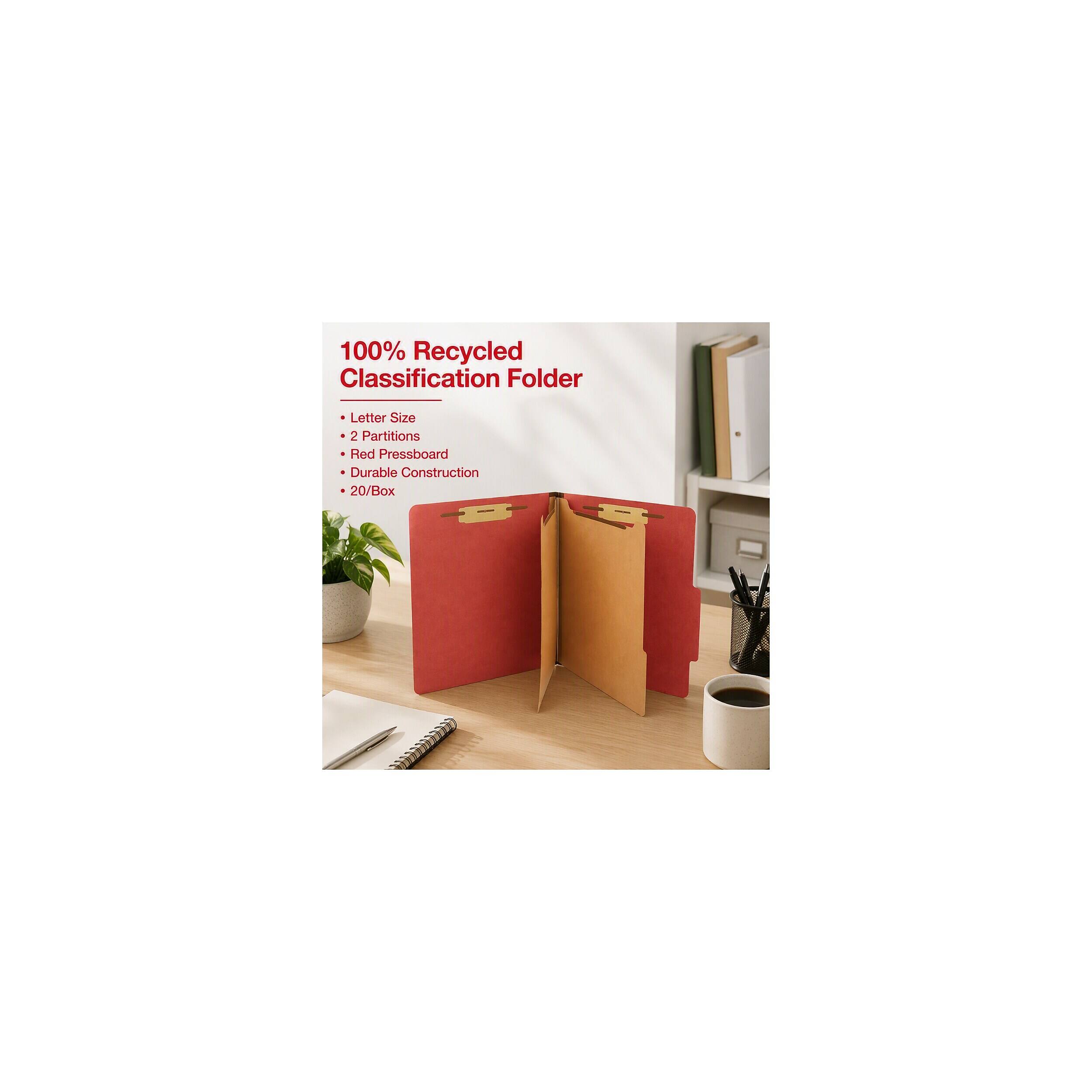 100% Recycled Classification Folder  
Letter Size  
2 Partitions  
Red Pressboard  
Durable Construction  
20/Box