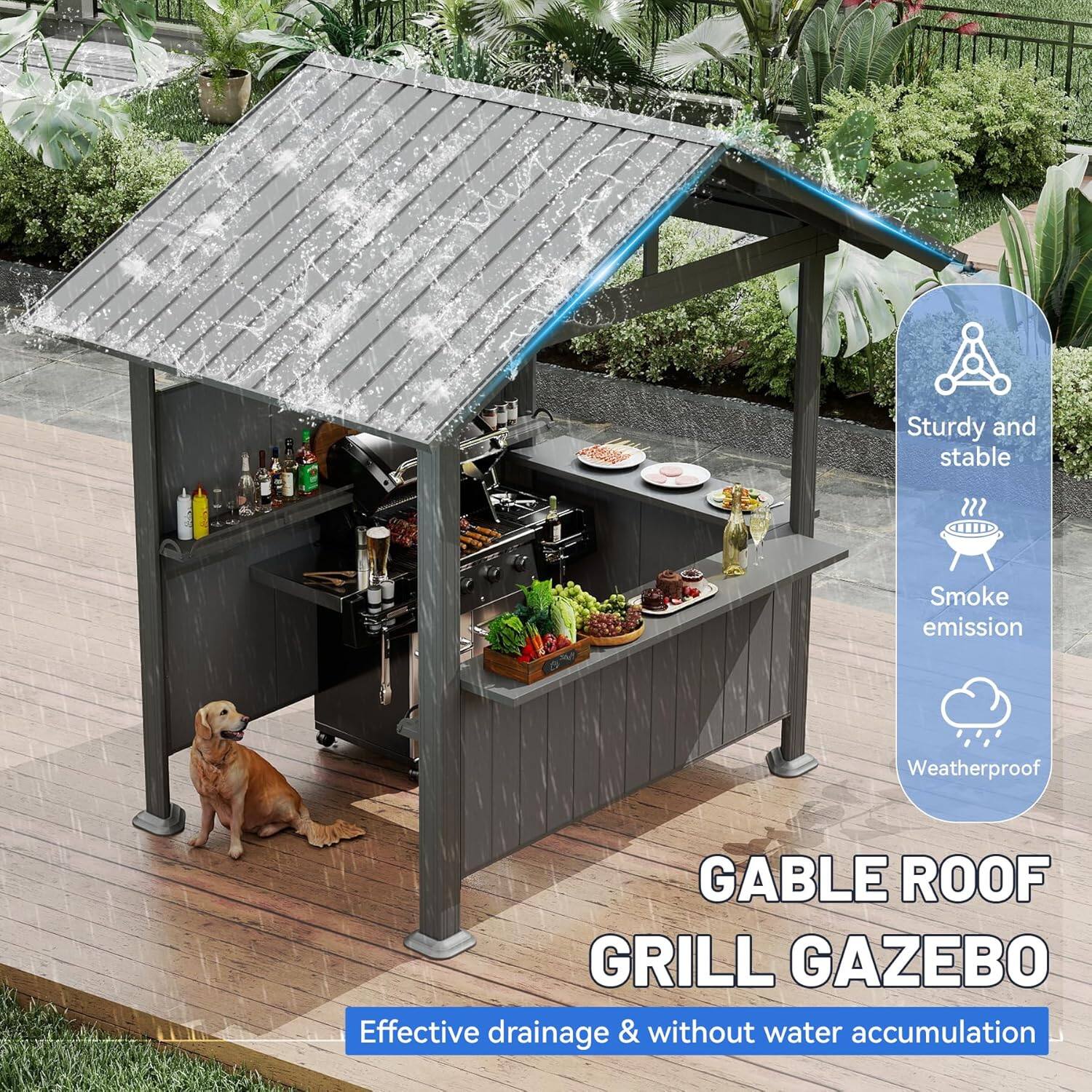 Sturdy and stable  
Smoke emission  
Weatherproof  
GABLE ROOF GRILL GAZEBO  
Effective drainage & without water accumulation
