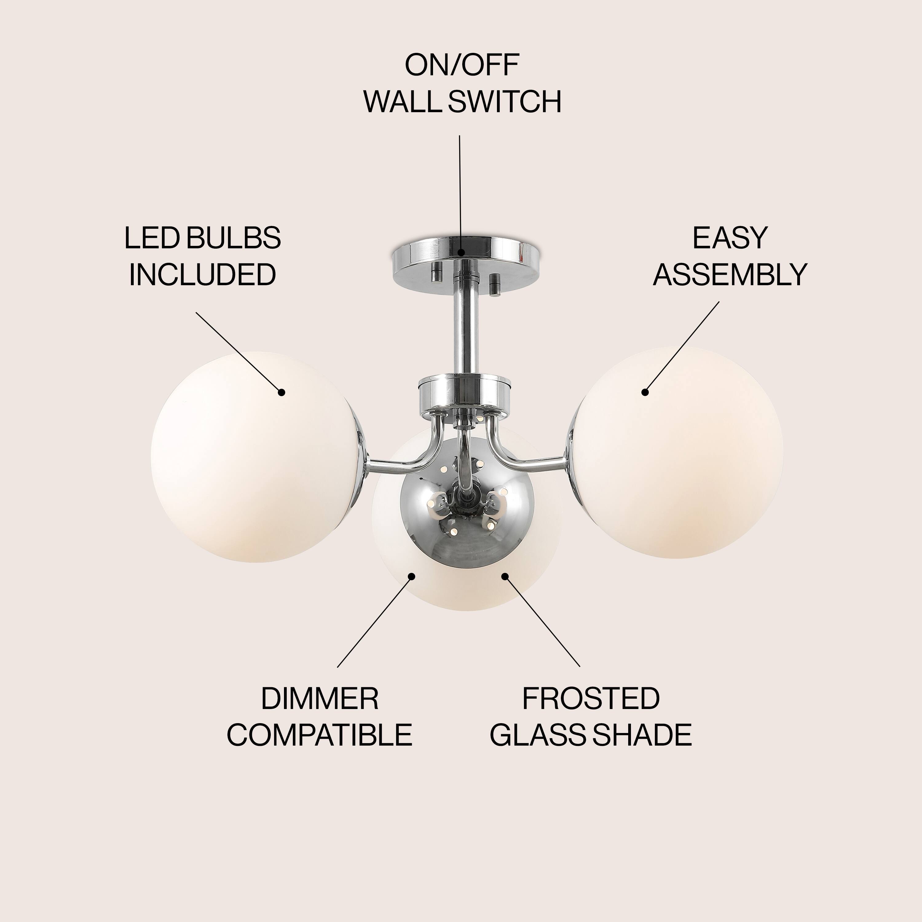 ON/OFF WALL SWITCH  
LED BULBS INCLUDED  
EASY ASSEMBLY  
DIMMER COMPATIBLE  
FROSTED GLASS SHADE