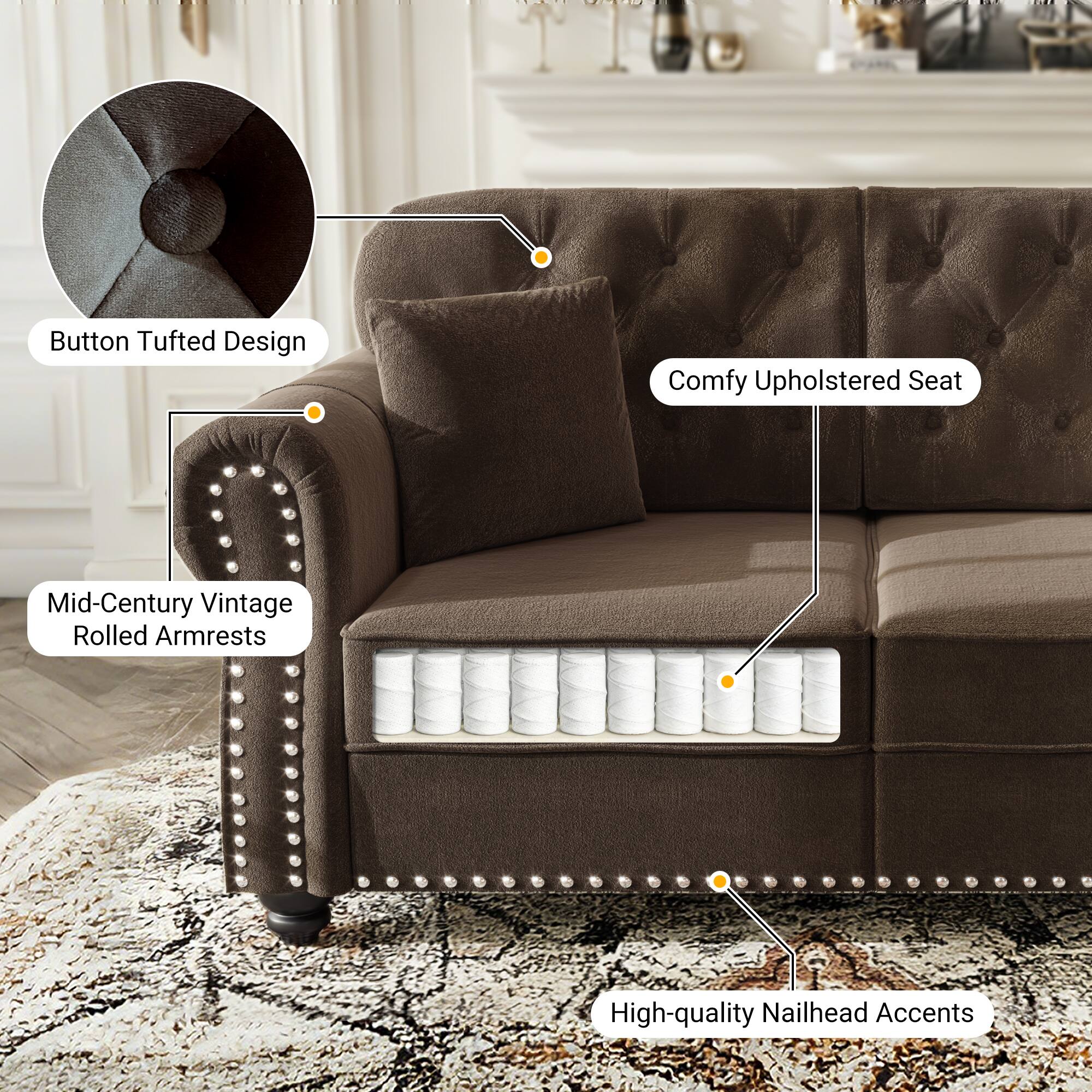 Button Tufted Design Comfy Upholstered Seat Mid-Century Vintage Rolled Armrests High-quality Nailhead Accents