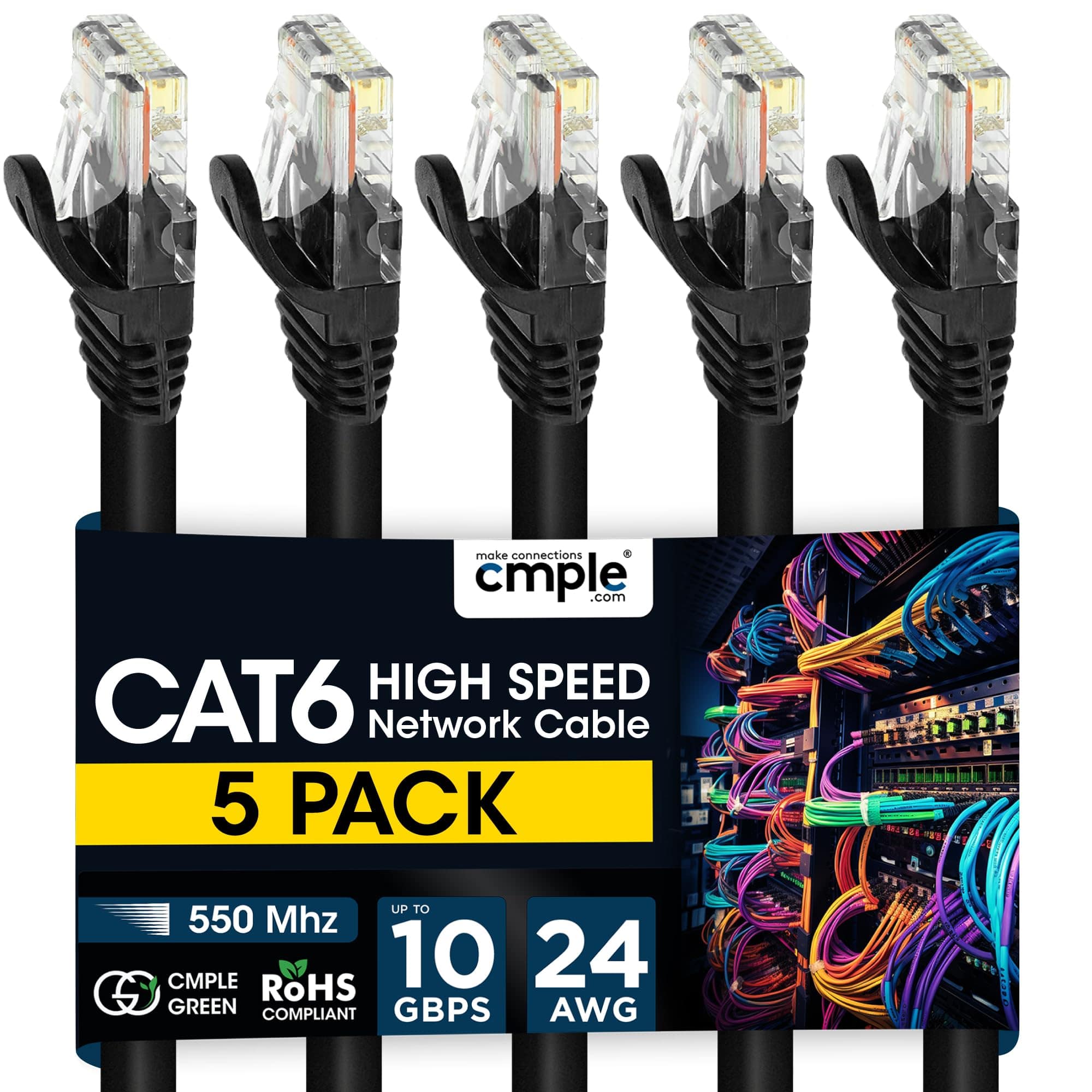 Cmple.com - Cmple - 5 Pack Cat6 Ethernet Cable 7 ft, Cat6 Internet Network Cord, Ethernet Patch Cables, LAN Wire, RJ45 - Black