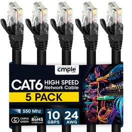 Cmple.com - Cmple - 5 Pack Cat6 Ethernet Cable 7 ft, Cat6 Internet Network Cord, Ethernet Patch Cables, LAN Wire, RJ45 - Black