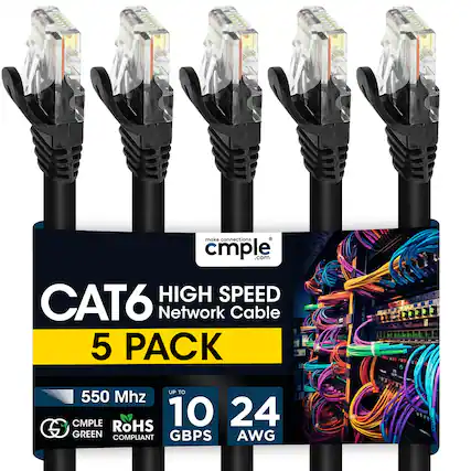 make connections cmple .com
HIGH SPEED CAT6 Network Cable
5 PACK
UP TO 550 Mhz
CMPLE
RoHS
10 GBPS
24 AWG
GREEN
COMPLIANT