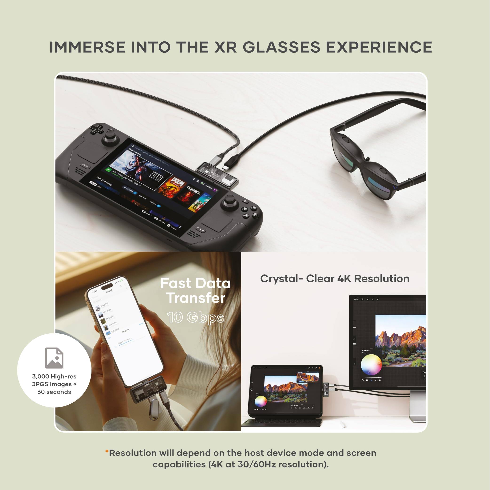 IMMERSE INTO THE XR GLASSES EXPERIENCE

- Fast Data Transfer 10 Gbps
- Crystal-Clear 4K Resolution

3,000 High-res JPGS images > 60 seconds

*Resolution will depend on the host device mode and screen capabilities (4K at 30/60Hz resolution).