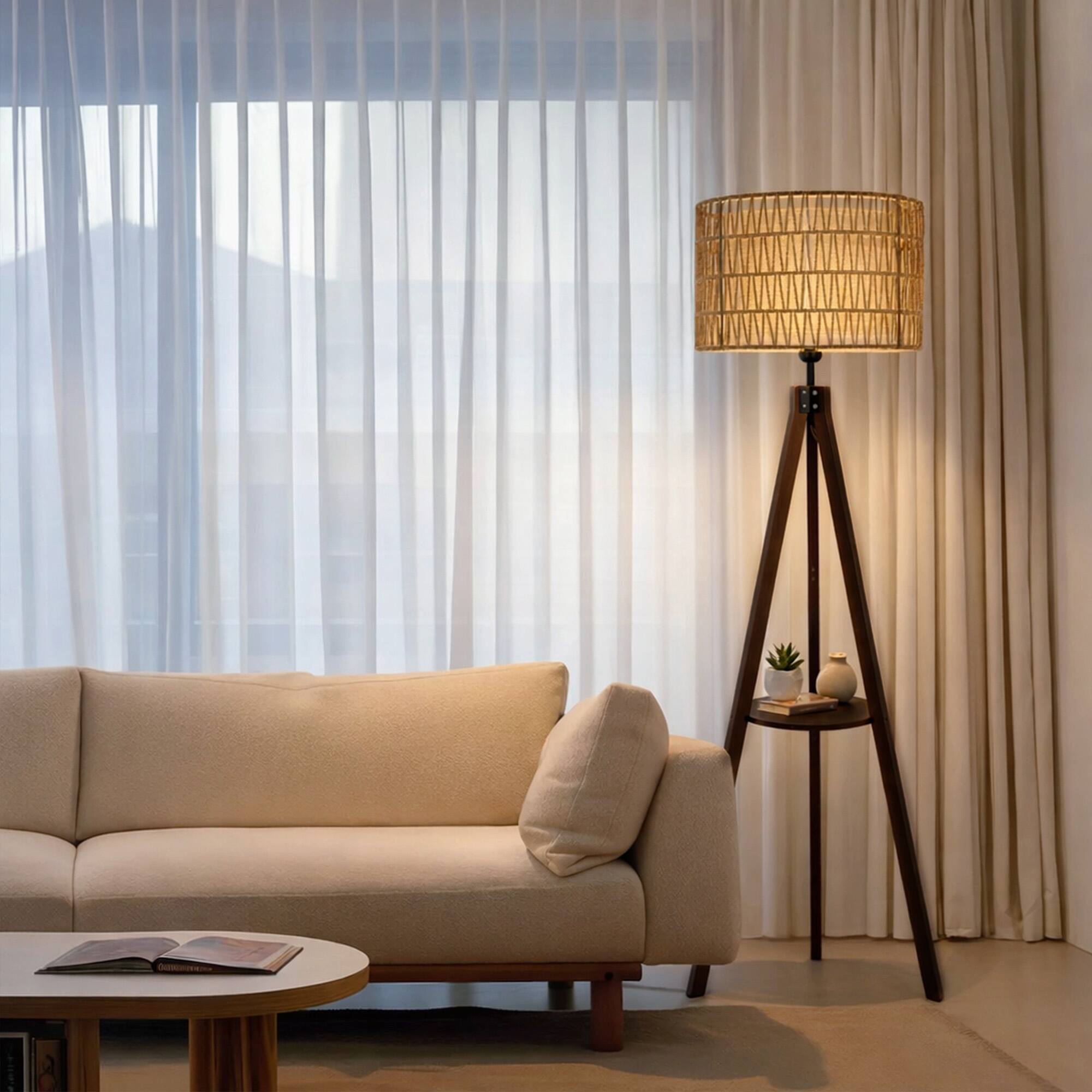 Back. Malletson - Modern Tripod Floor Lamp with Natural Rattan Shade and Built-in Shelf - Brown.