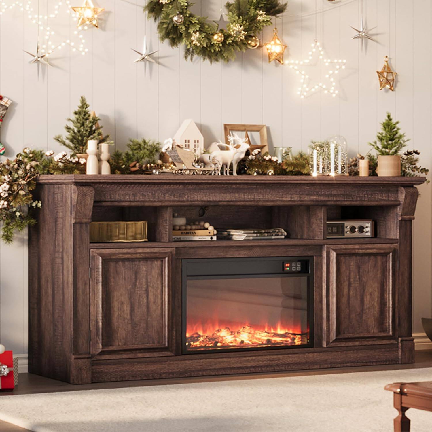 Back. GARVEE - Garvee Farmhouse Fireplace TV Stand - Entertainment Center, Open Storage - Brown.