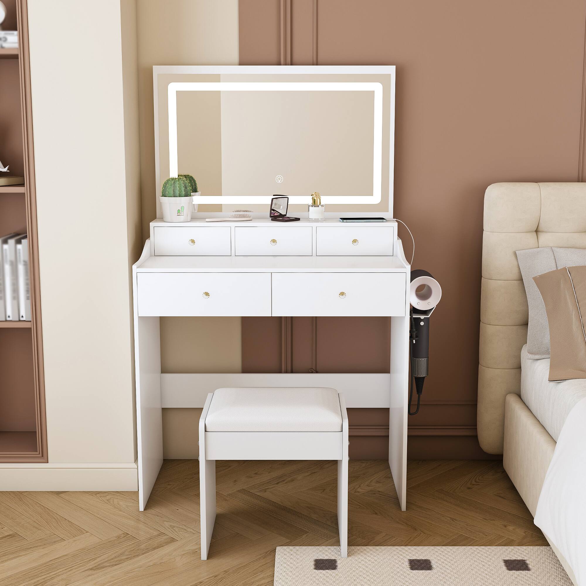 Alt View 1. Ecooso - Large Mirror Vanity Desk with Power Outlet, Hair Dryer Holder, 5 Drawers, 3 Adjustable Lighting Colors - White.