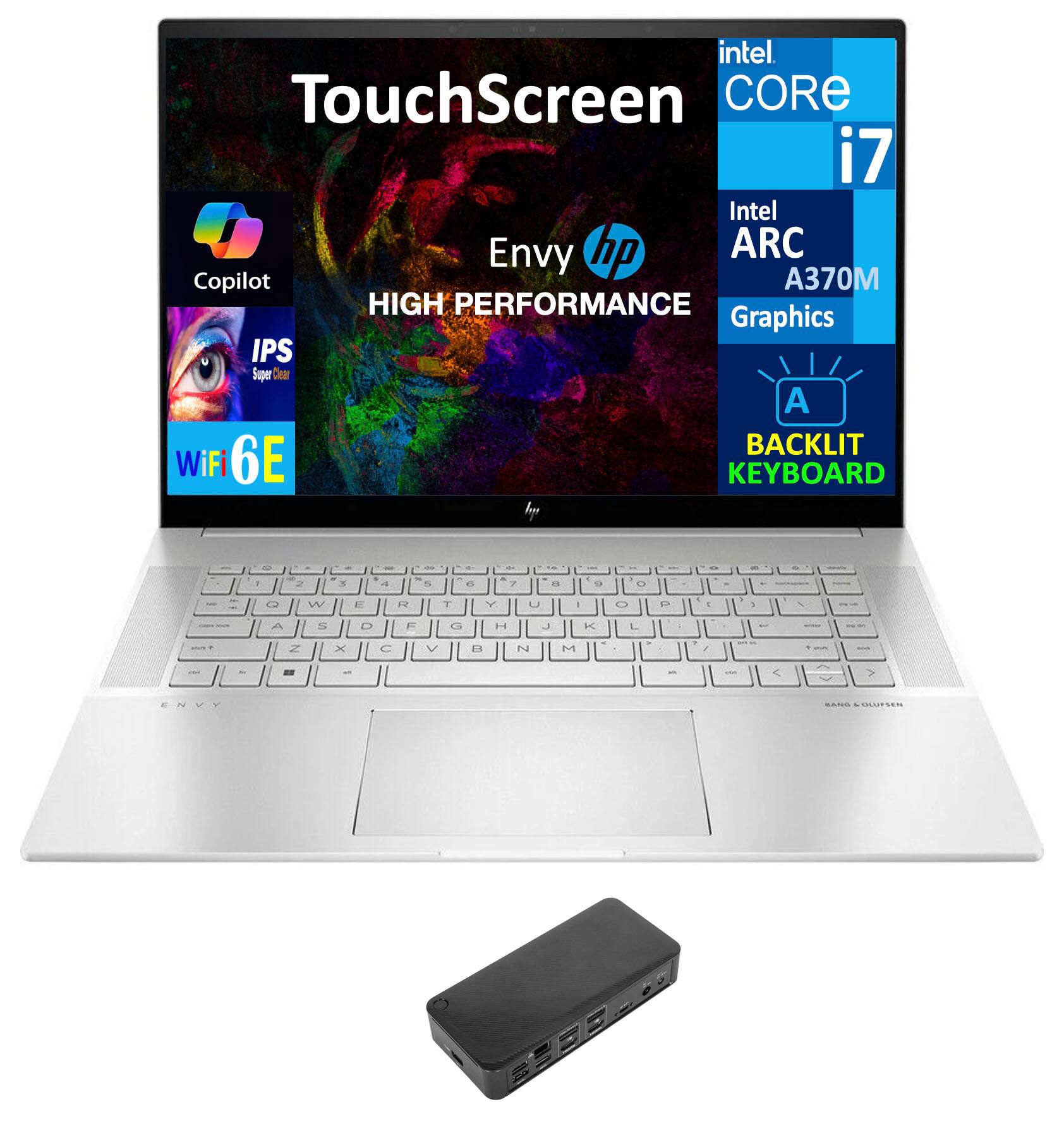 Sure, here is the corrected and grouped text from the image:

---

**TouchScreen**

**Intel Core i7**

**Intel ARC A370M Graphics**

**HP Envy**

**HIGH PERFORMANCE**

**IPS Super Clear**

**WiFi 6E**

**BACKLIT KEYBOARD**

**Copilot**

**A**

---

**Keyboard Layout:**

1 2 3 4 5 6 7 8 9 0 - = \  
Q W E R T Y U I O P [ ] \  
A S D F G H J K L ; '  
Z X C V B N M , . /  

**Additional Features:**

- Intel Core i7
- Intel ARC A370M Graphics
- IPS Super Clear
- WiFi 6E
- Backlit Keyboard
- Copilot
- High Performance

---