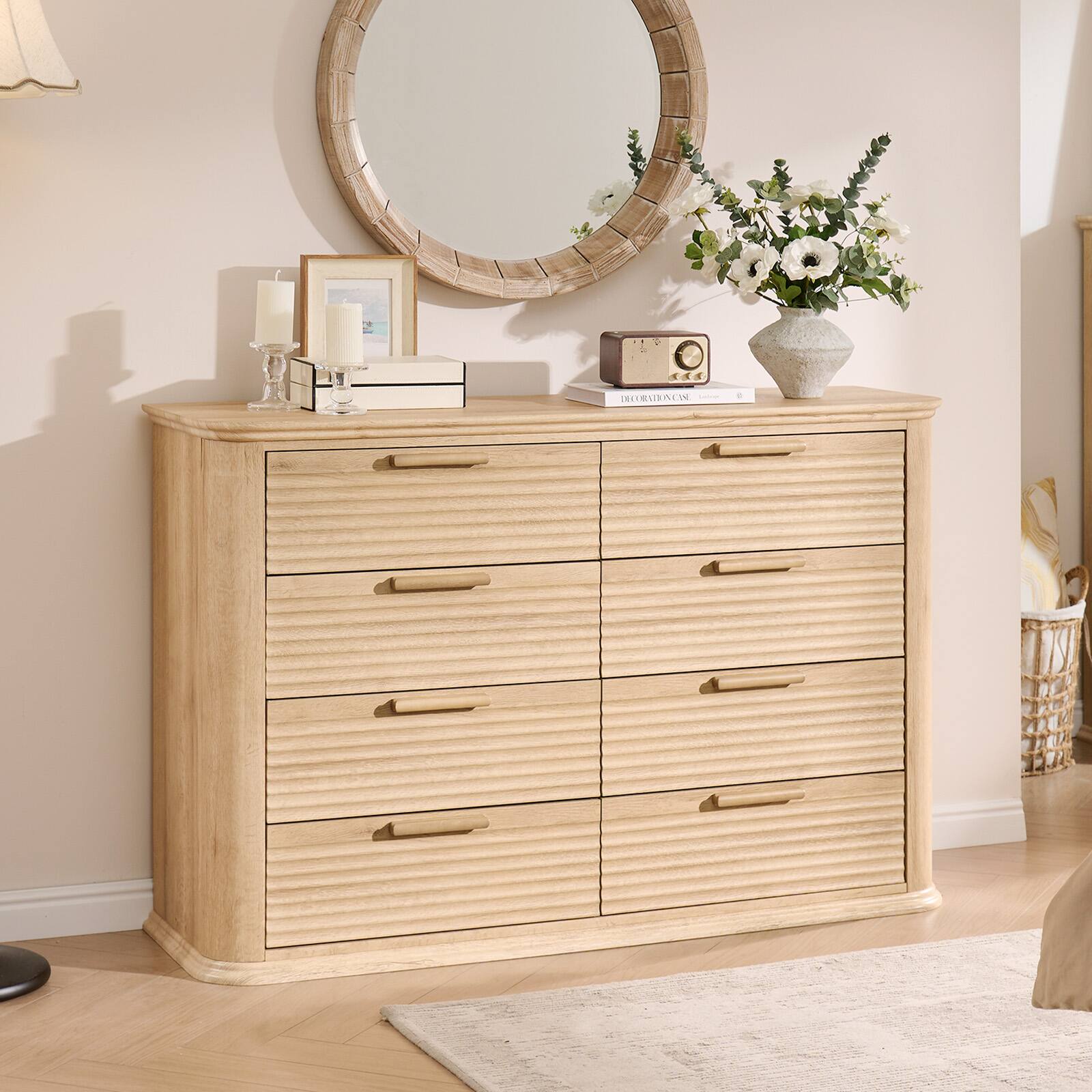 Left. Forest'nSky - Oak Wood 8 drawer 52 in. Wide Chest of Drawers with Curved Profile Design for Living Room - Oak.