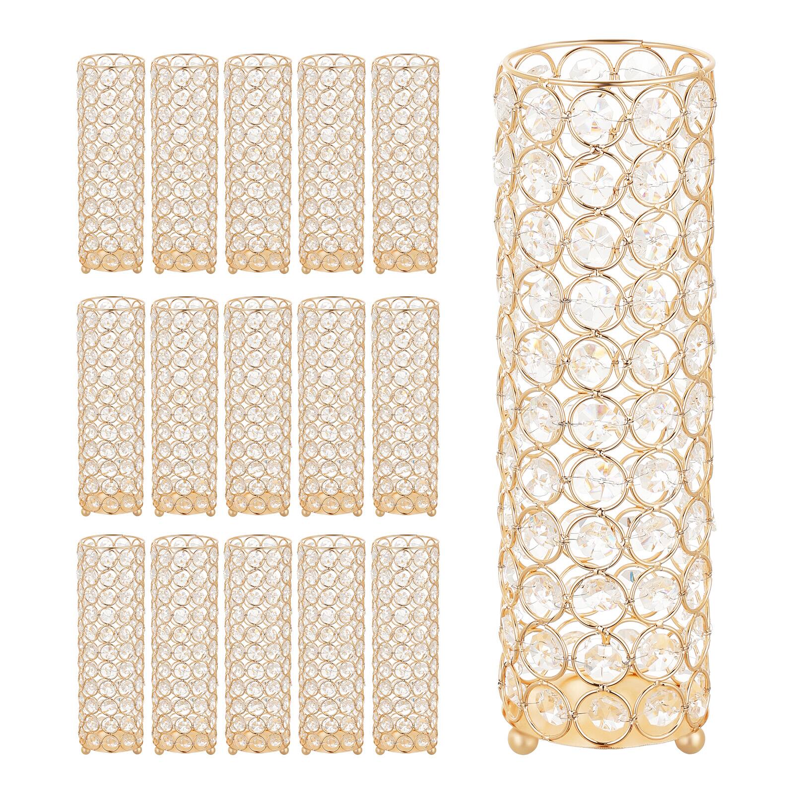 Alt View 5. VEVOR - 16 PCS Crystal Wedding Flower Vase, 10.24 in Tall Flower Table Centerpieces, Crystal Cylinder Banquet Vases - Gold.