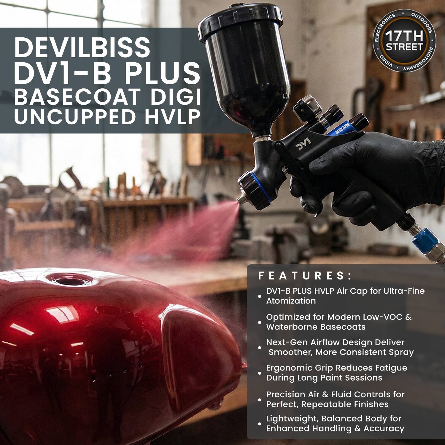 DEVILBISS DV1-B PLUS BASECOAT DIGI UNCUPPED HVLP

FEATURES:
- DV1-B PLUS HVLP Air Cap for Ultra-Fine Atomization
- Optimized for Modern Low-VOC & Waterborne Basecoats
- Next-Gen Airflow Design Deliver Smoother, More Consistent Spray
- Ergonomic Grip Reduces Fatigue During Long Paint Sessions
- Precision Air & Fluid Controls for Perfect, Repeatable Finishes
- Lightweight, Balanced Body for Enhanced Handling & Accuracy