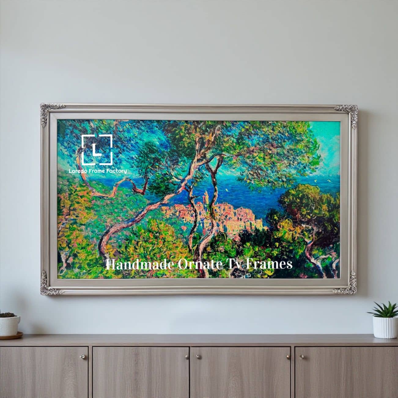 LAREDO FRAME FACTORY - 65 inch Handmade Ornate wood For TCL A300W NXTVISION Tv - ANTIQUE SILVER FINISH