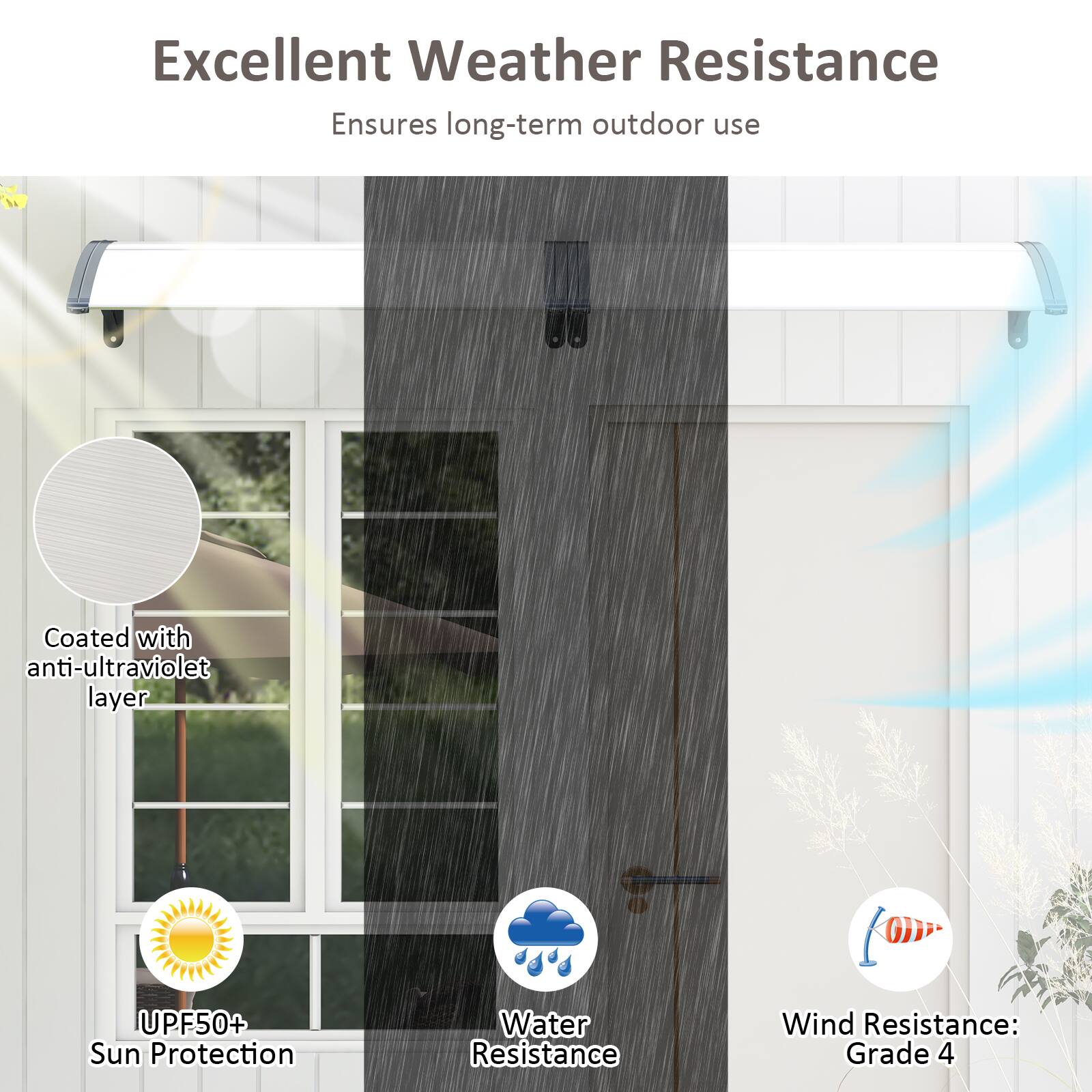 Excellent Weather Resistance Ensures long-term outdoor use Coated with anti-ultraviolet layer UPF50+ Sun Protection Water Resistance Wind Resistance: Grade 4