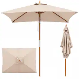 Costway - 7 FT Outdoor Patio Umbrella with 3 Adjustable Heights, Push Button Tilt & 6 Ribs - Beige