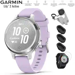Garmin - Lily 2 Active Smartwatch Silver with Purple Band + Charging Dock Bundle - Silver with Purple Jasmine Silicone Band - (2024)