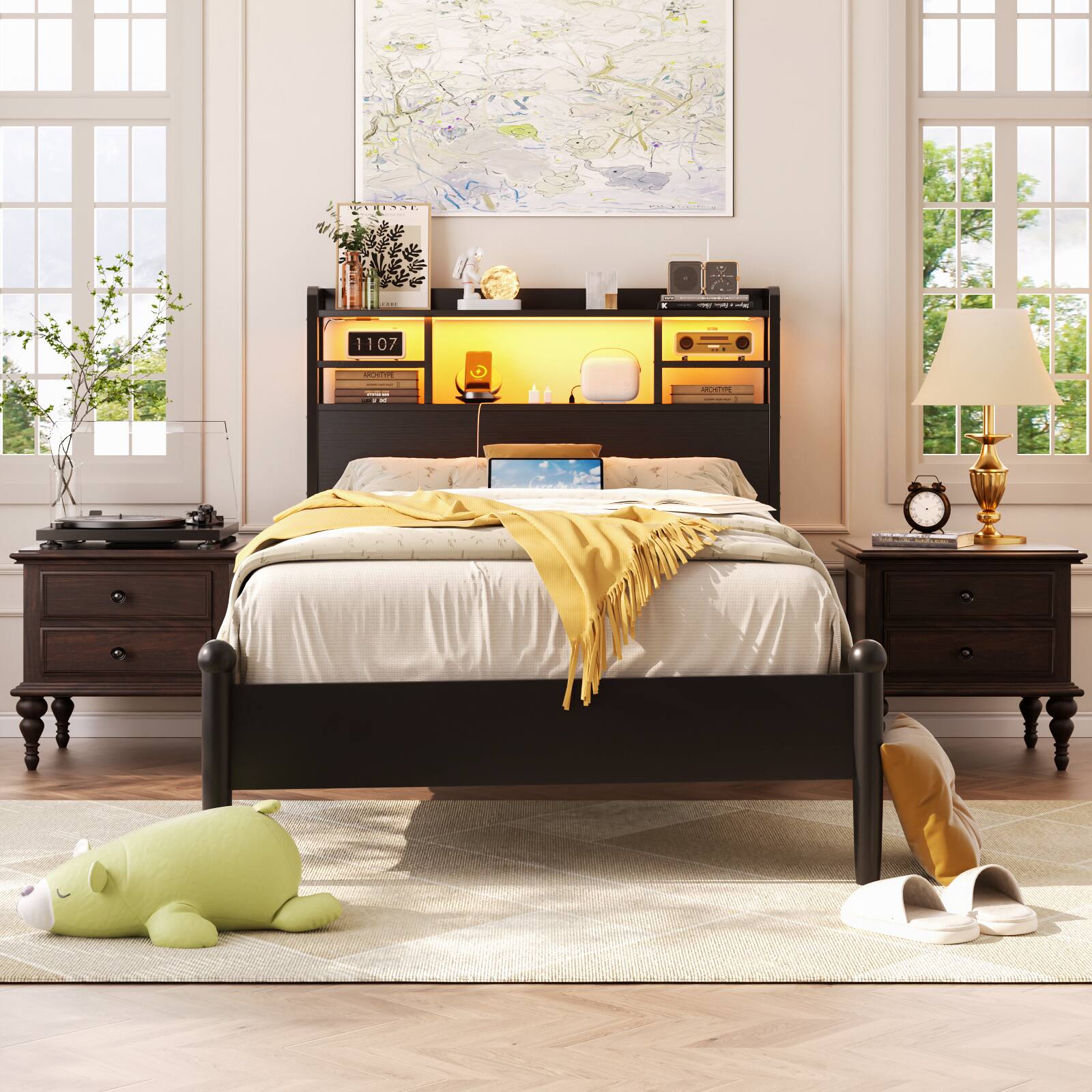 Back. Aheaplus - Twin Size Headboard with Power Outlet and RGB LED Lights, Headboard with Storage Shelves - Black.