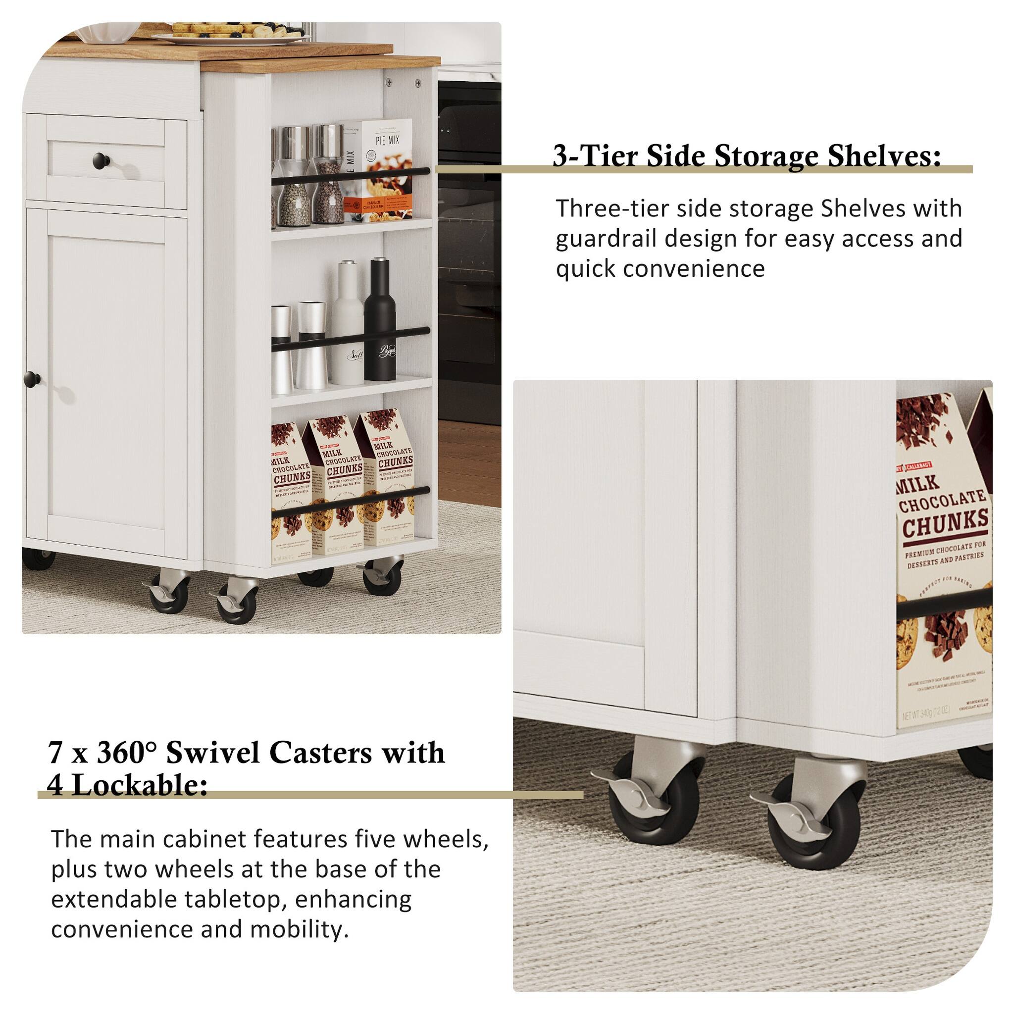 3-Tier Side Storage Shelves:
Three-tier side storage shelves with guardrail design for easy access and quick convenience

MILK MILK CHOCOLATE MILK CHOCOLATE CHUNKS CHOCOLATE CHUNKS CHUNKS
COMICS MILK CHOCOLATE CHUNKS CHOCOLATE FOR PREMIUM ORA PASTRIES DESSERTS
240g

7 x 360° Swivel Casters with 4 Lockable:
The main cabinet features five wheels, plus two wheels at the base of the extendable tabletop, enhancing convenience and mobility.