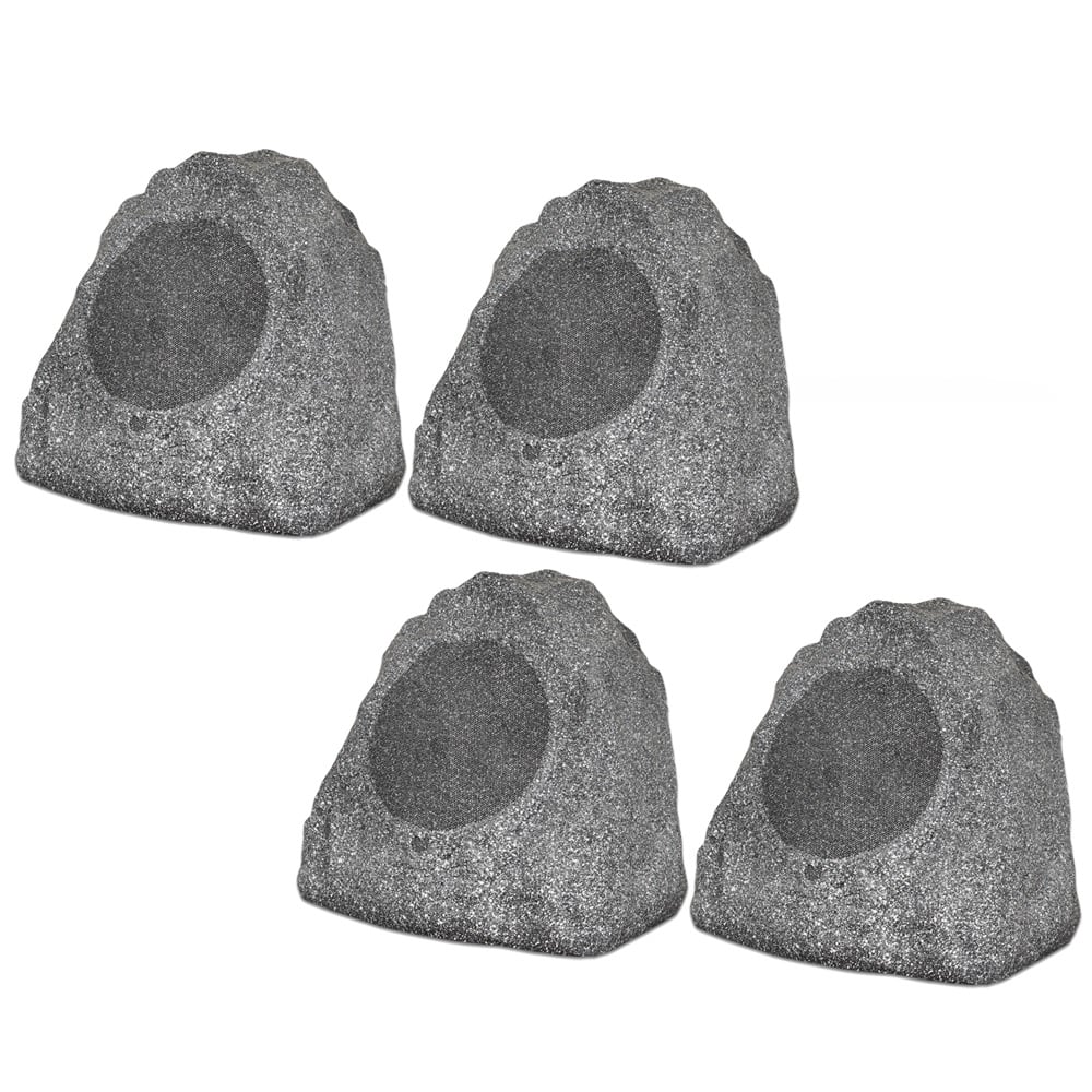 Theater Solutions by Goldwood - 4R8G Outdoor 8" Rock 4 Speaker Set for Deck Pool Spa Yard Garden - Granite Gray