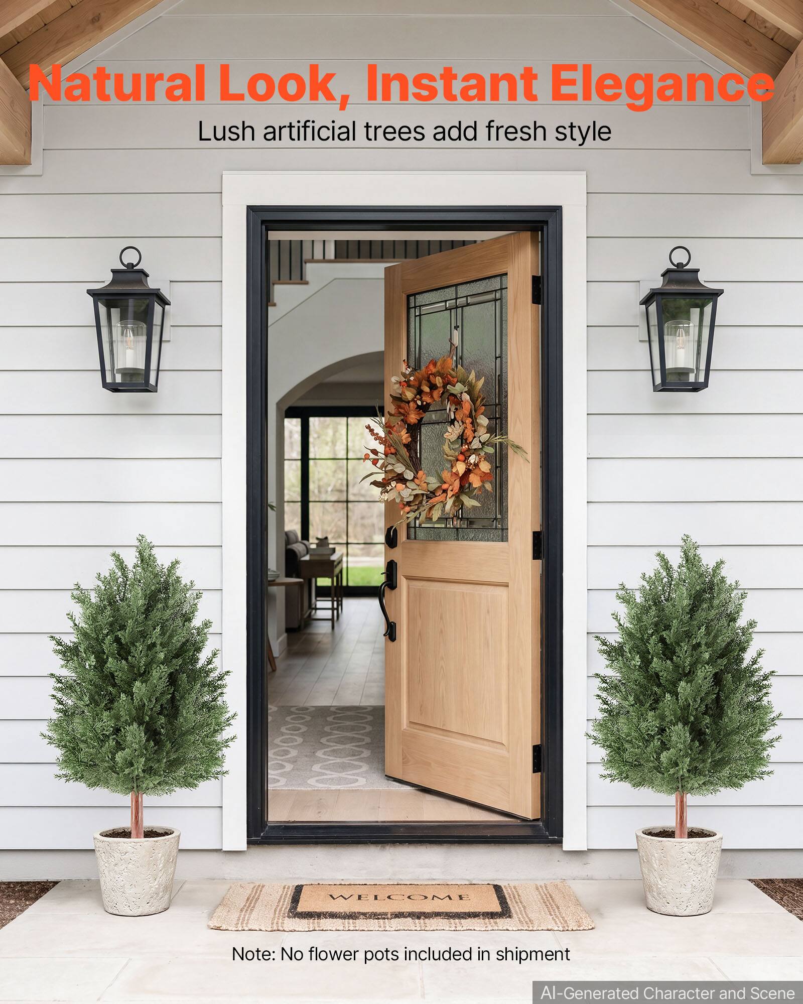 Natural Look, Instant Elegance  
Lush artificial trees add fresh style  

WELCOME  

Note: No flower pots included in shipment  

AI-Generated Character and Scene