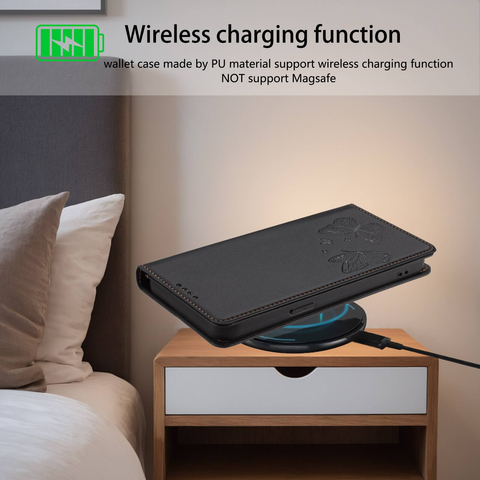 Wireless charging function

wallet case made by PU material support wireless charging function NOT support MagSafe